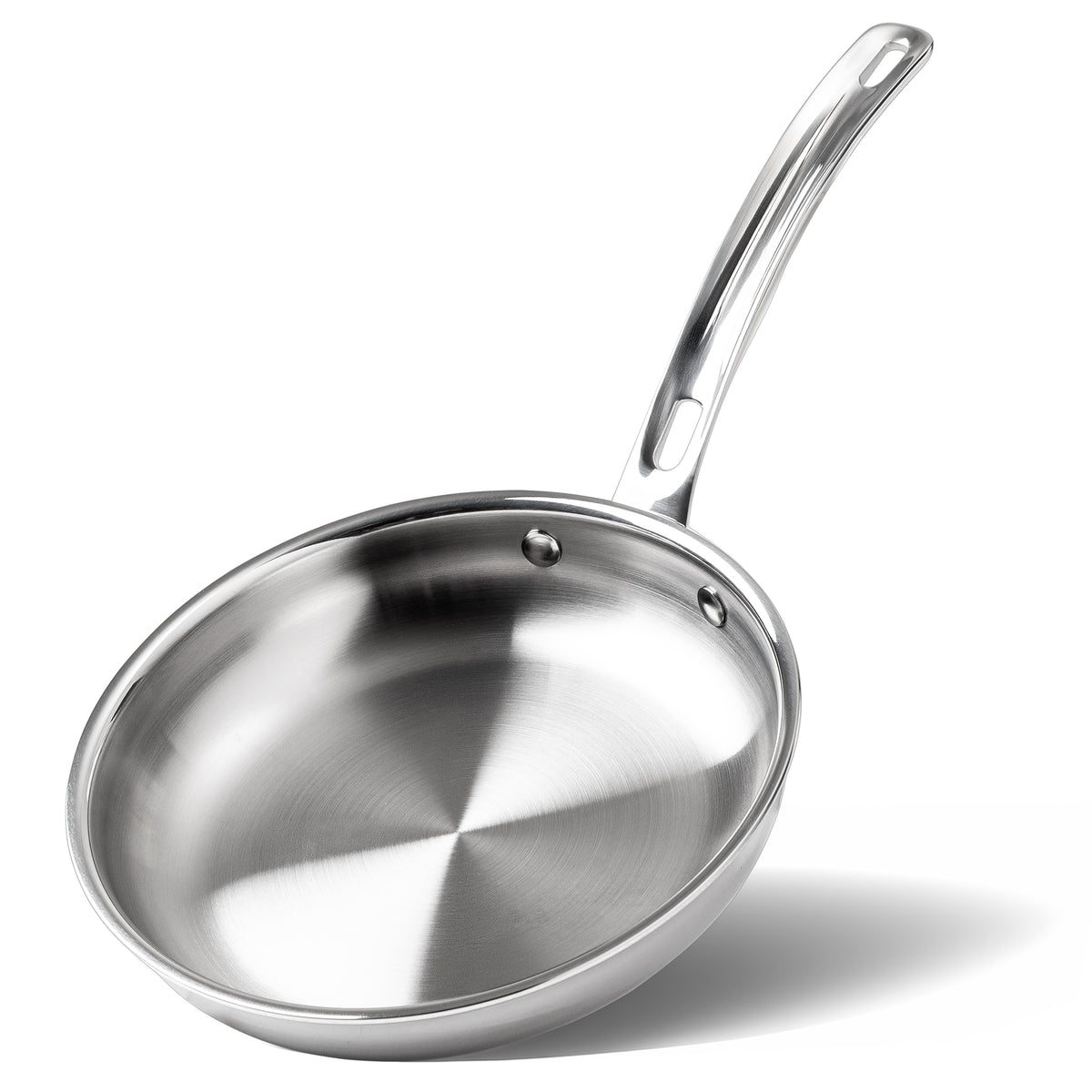 The Viking Artisan 3-Ply Stainless Steel 8-Inch Fry Pan by Viking Culinary Products, with a long upward-angled handle, sits on a white background. Induction compatible for versatile cooking.