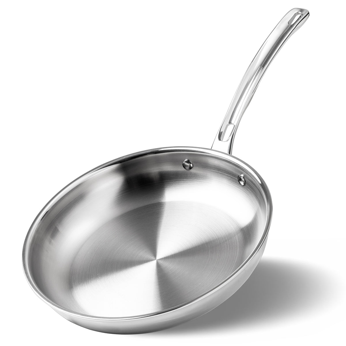 A Viking Artisan 3-Ply Stainless Steel 10-Inch Fry Pan by Viking Culinary Products, featuring a long handle, is displayed on a white background.