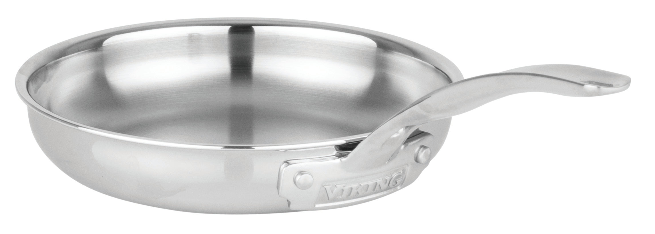 A Viking Culinary Products Artisan 3-Ply Stainless Steel 8-Inch Fry Pan with a curved, riveted handle sits on a white background. The handle mount is engraved with the brand name, showcasing premium quality stainless steel cookware.