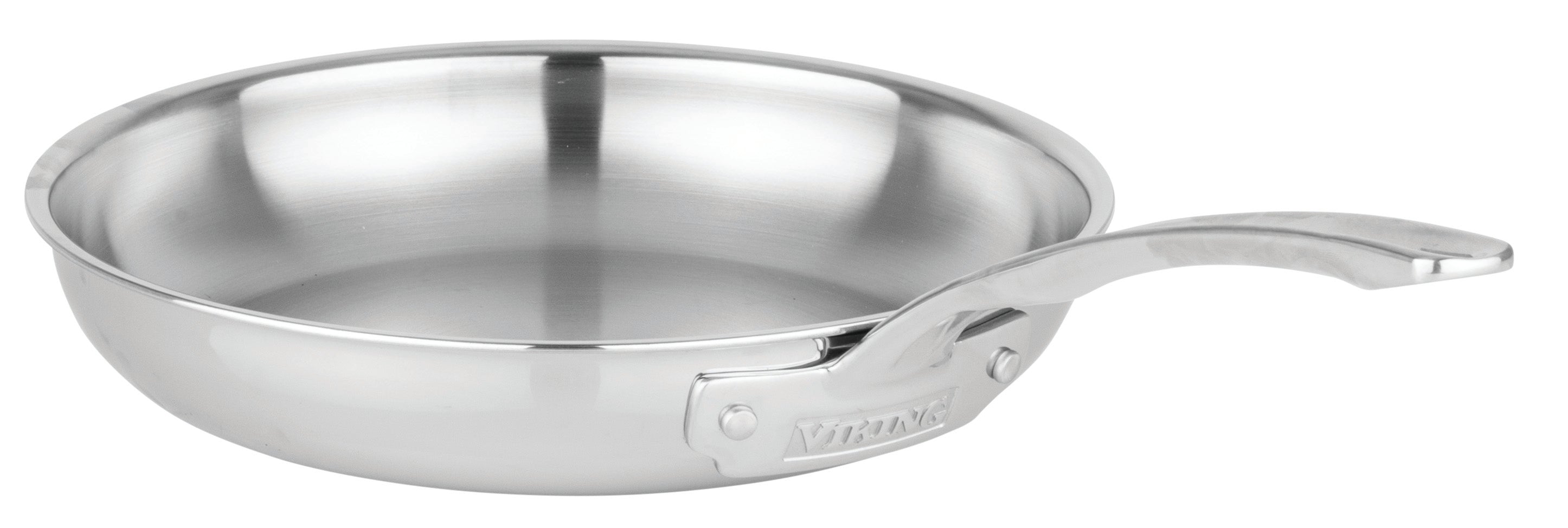 The Viking Artisan 3-Ply Stainless Steel 12-Inch Fry Pan from Viking Culinary Products features a shiny finish, curved handle with embossed brand, and is induction compatible. Shown photographed on a white background.