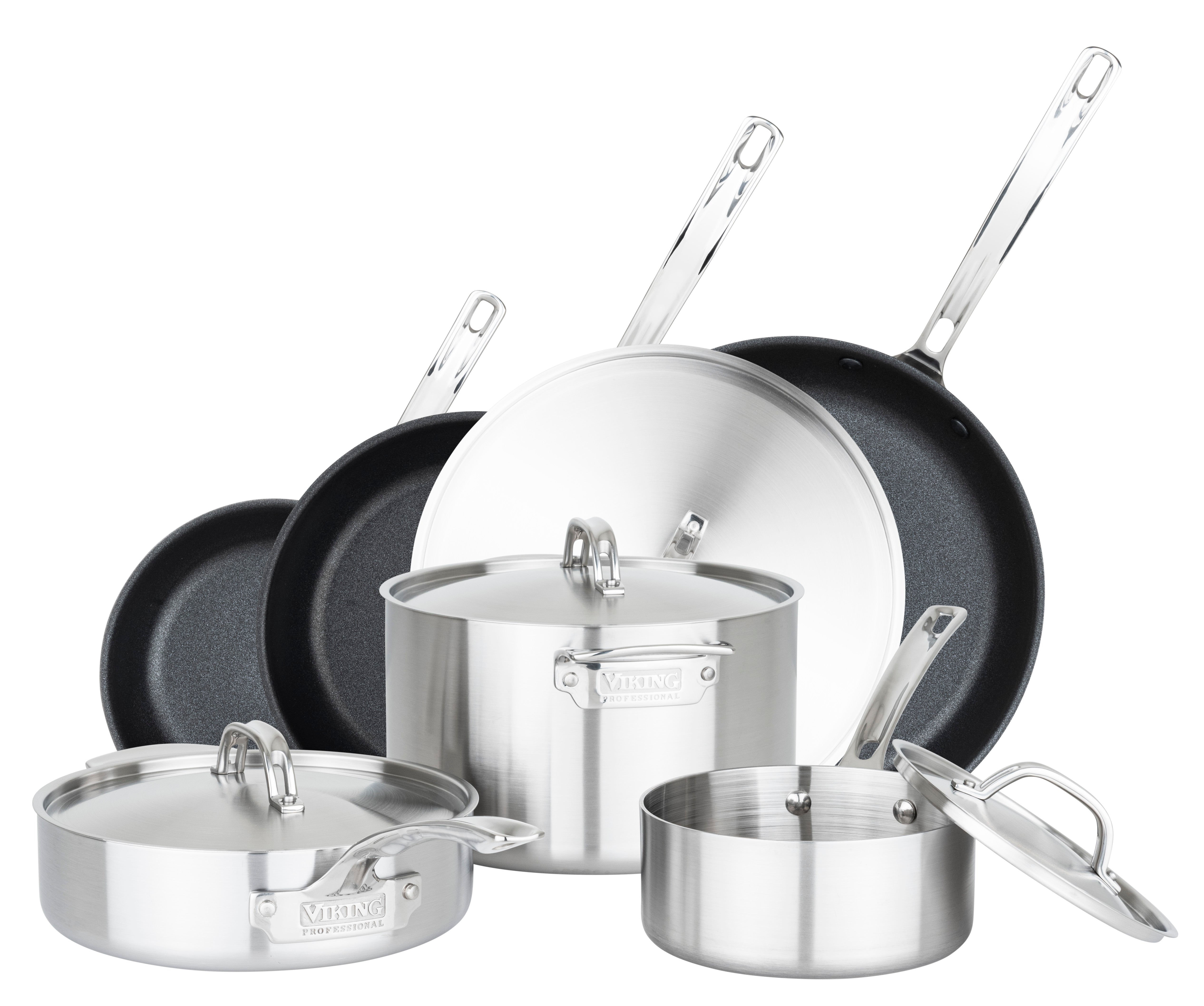 The Viking Professional 5-Ply 10-piece Cookware Set with Nonstick Skillets by Viking Culinary Products features stainless steel frying pans, saucepans, and pots with lids, all with long handles and a shiny polished finish.
