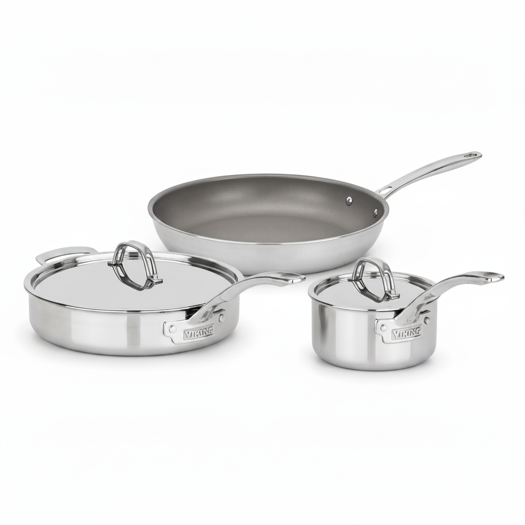 The Viking PureGlide Pro 3-Ply 5-Piece Cookware Starter Set by Viking Culinary Products is displayed, featuring a stainless steel frying pan, a covered sauté pan, and a covered saucepan—all with gleaming metal handles and lids—arranged on a plain white background, making an elegant, chemical-free addition to any kitchen.
