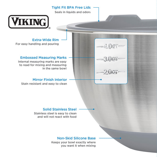 Viking 8Piece Stainless Steel Mixing Bowl Set with Lids, Gray Viking