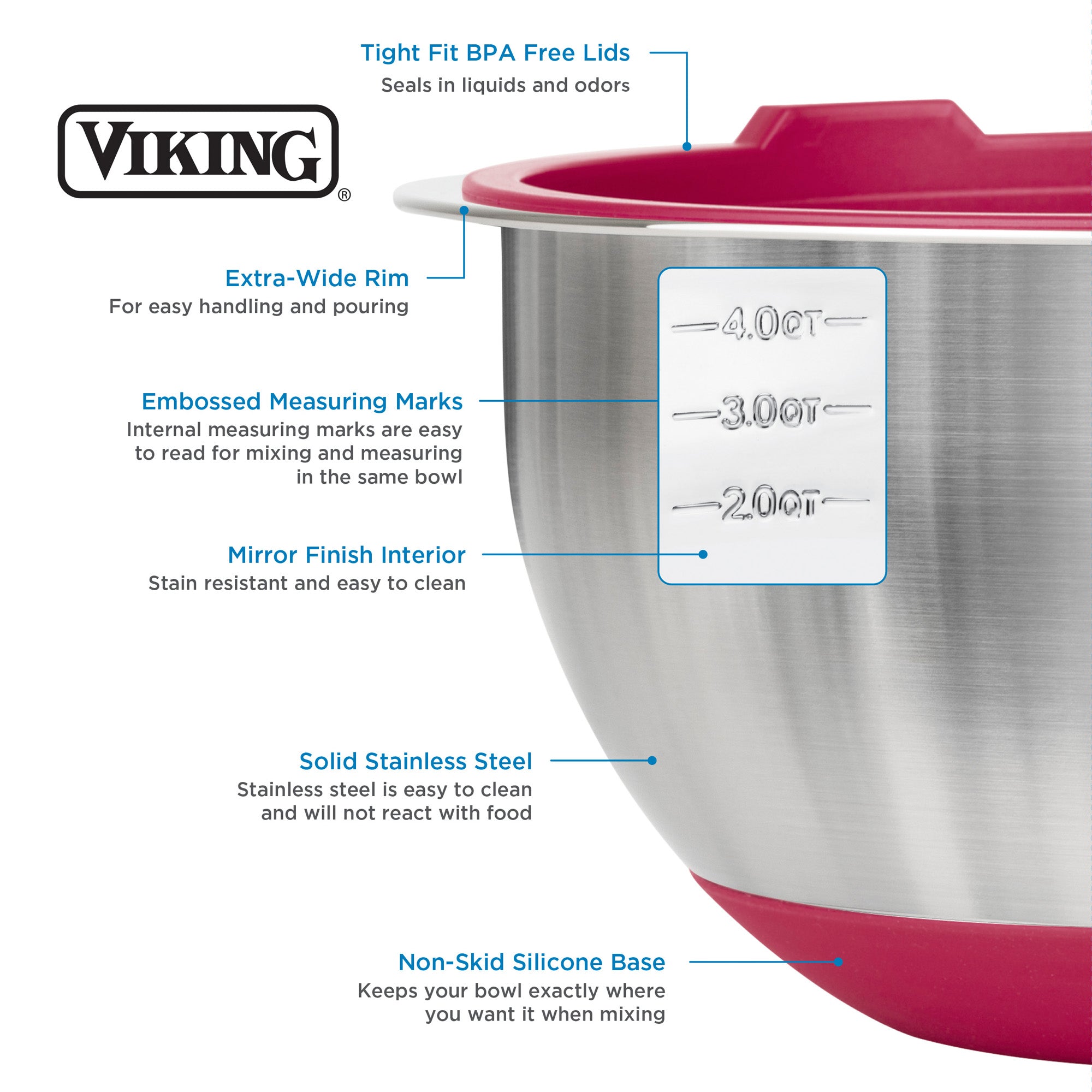 Viking 8-Piece Stainless Steel Mixing Bowl Prep Set with Strainer and Cutting Lid, Red