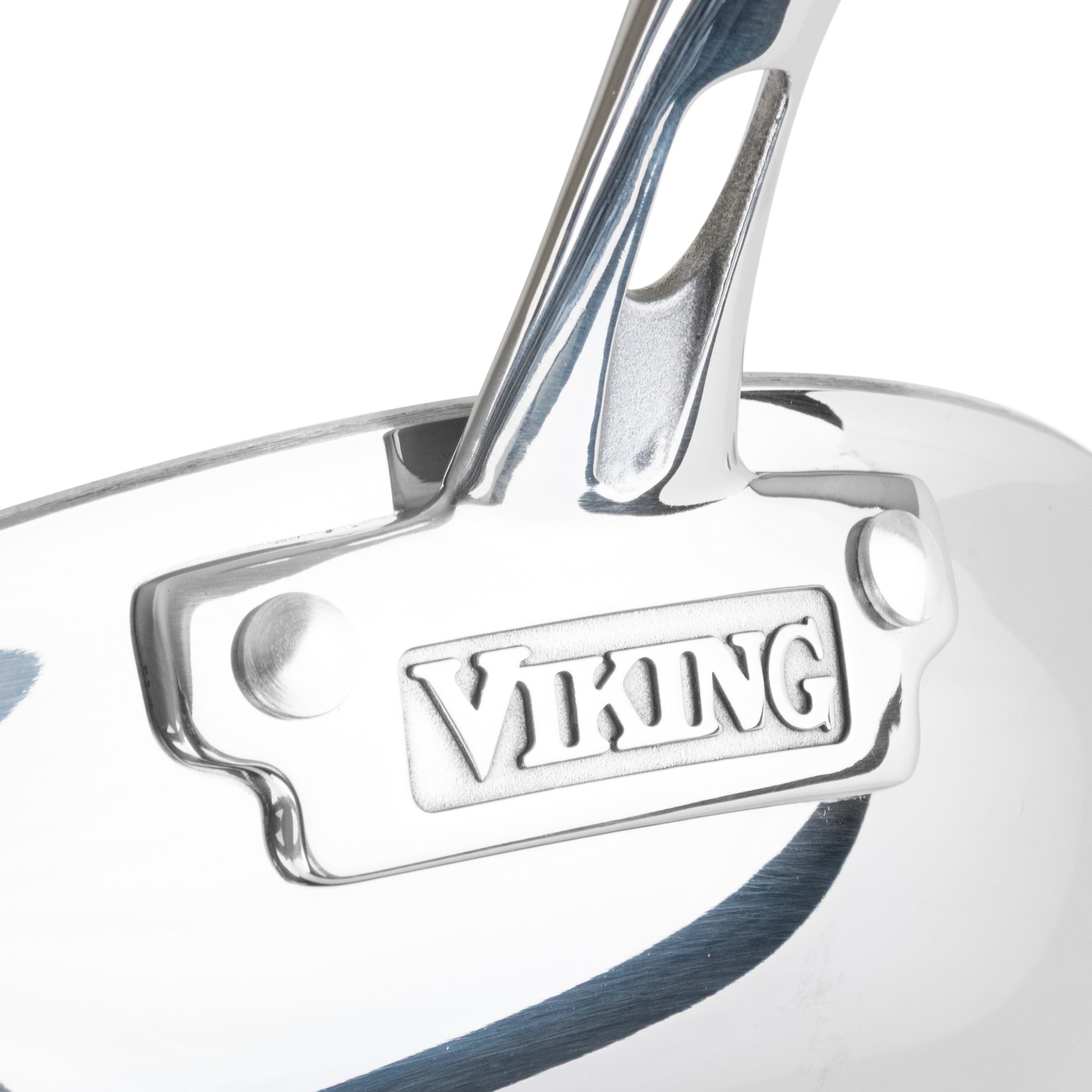 Close-up of the Viking Culinary Products 3-Ply Hybrid Plus Ceramic 10-inch Nonstick Fry Pan shows its polished stainless steel handle with engraved branding and reflects light, highlighting its induction-ready, durable 3-ply construction.