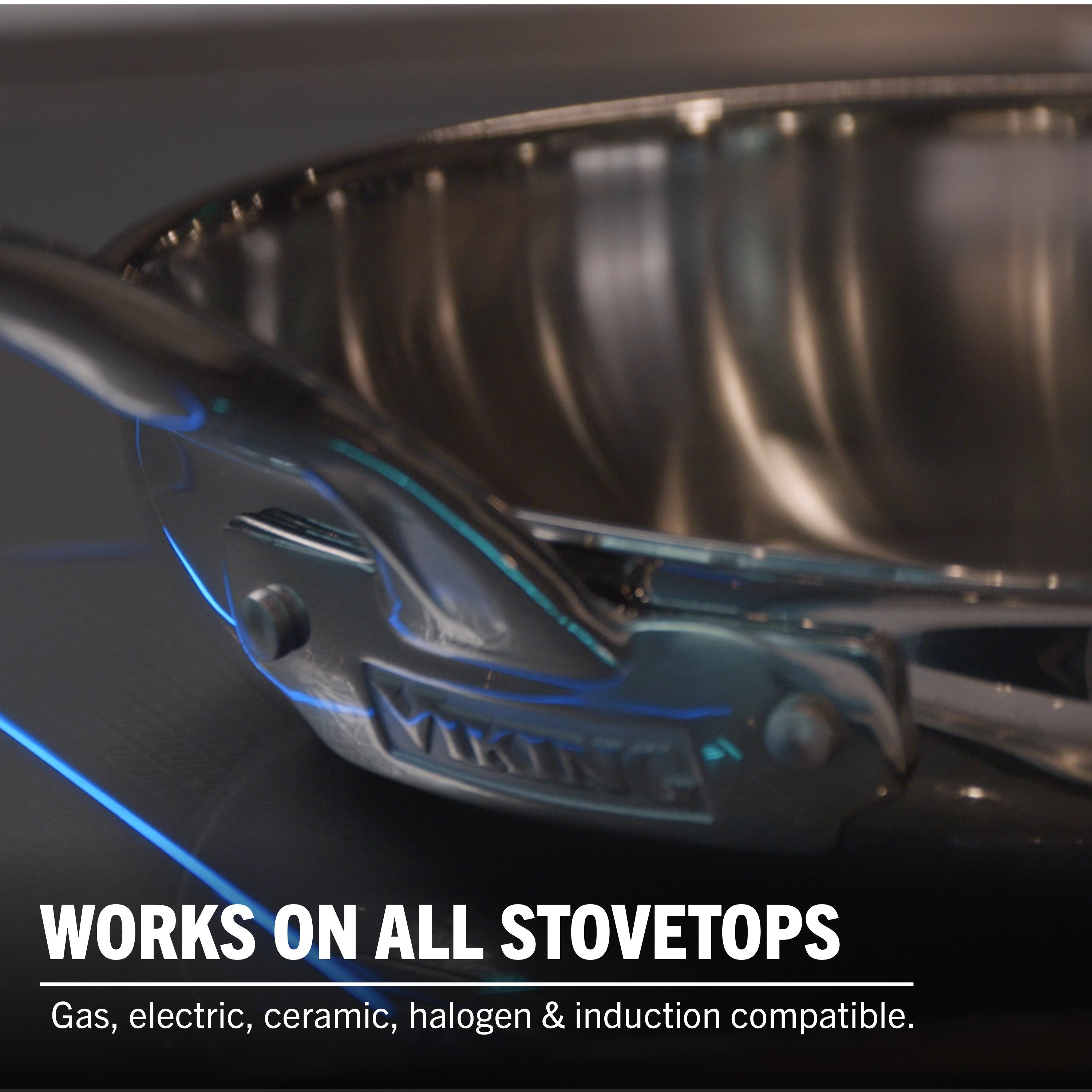 Close-up of a Viking Culinary Products 3-Ply Stainless Steel 13-Piece Cookware Set with glass lids on a stovetop, glowing blue lines beneath. Text: Compatible with gas, electric, ceramic, halogen & induction stovetops.