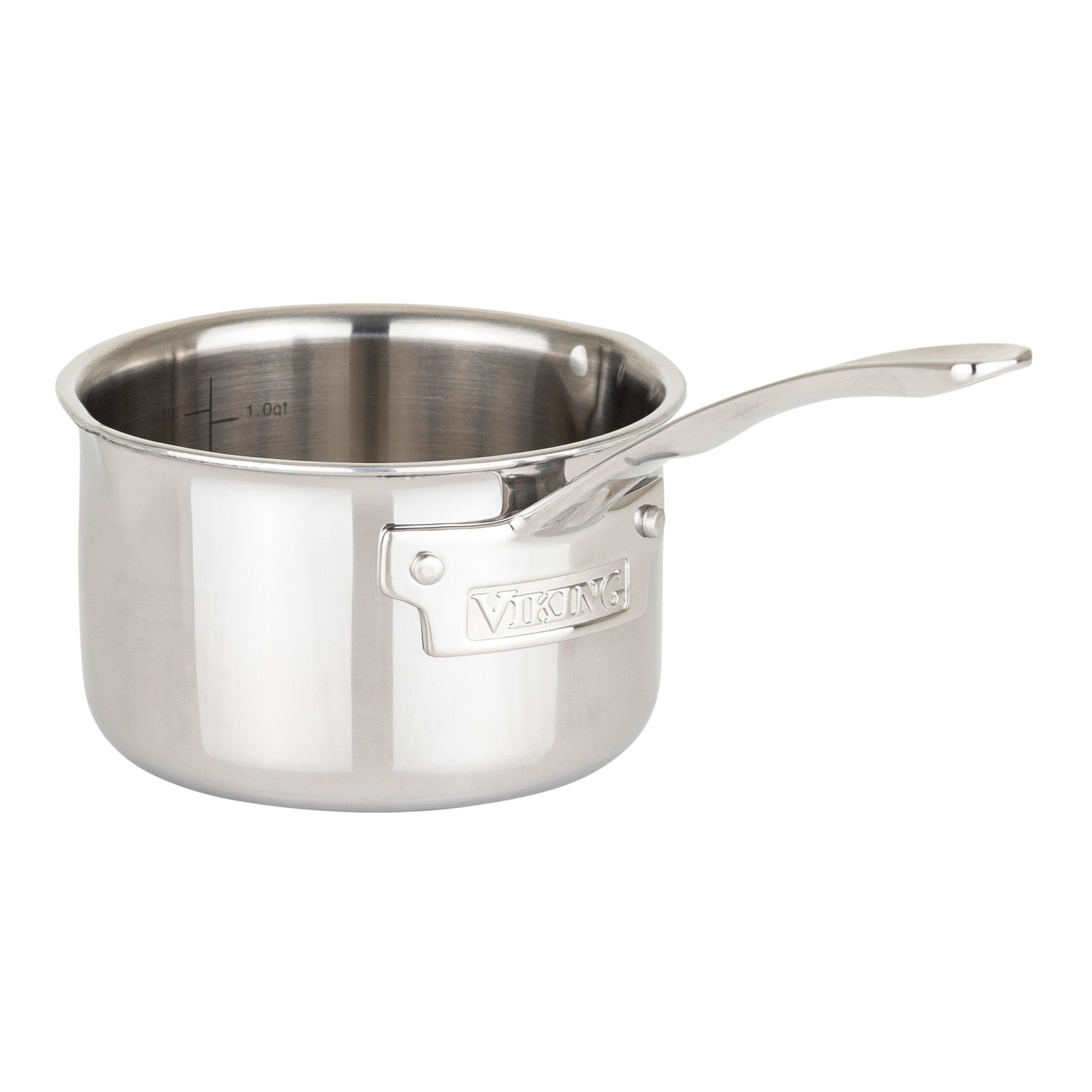 The Viking Culinary Products 3-Ply Stainless Steel 17-Piece Cookware Set with Glass Lids is shown, featuring a saucepan with a long Stay-Cool Handle and the Viking logo on the side, set against a white background.