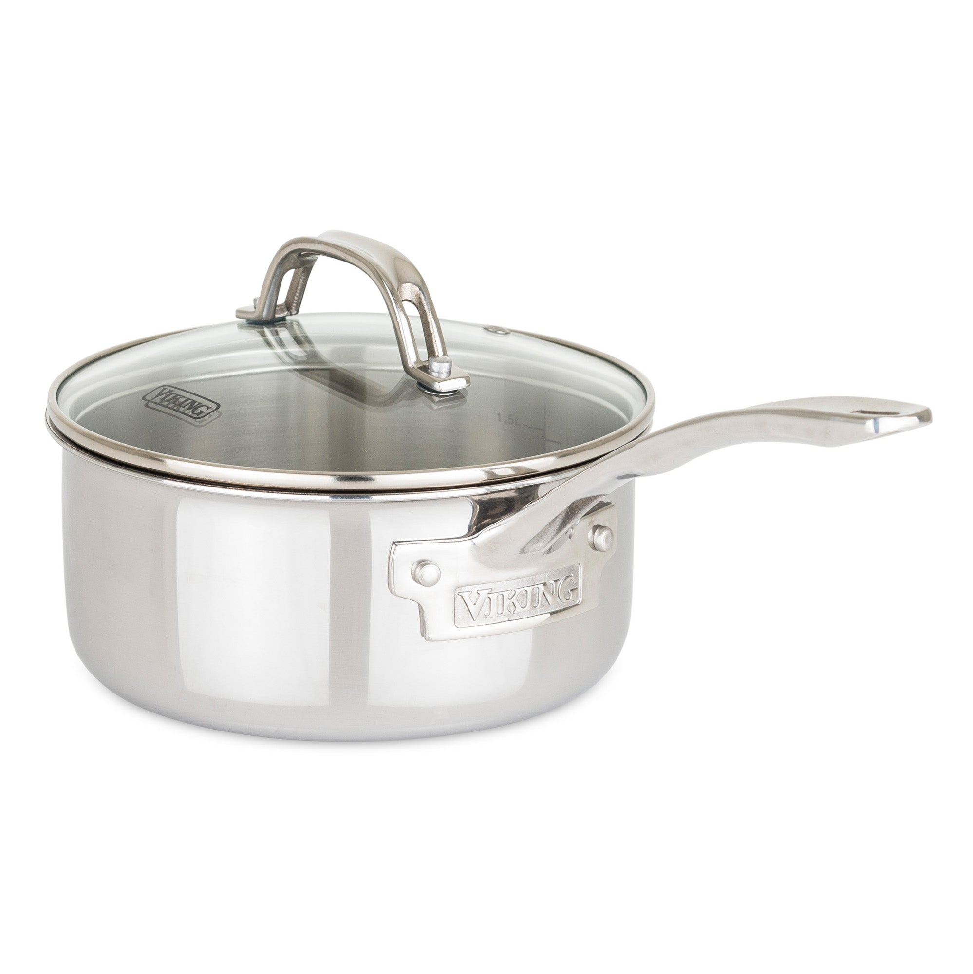 The Viking Culinary Products 3-Ply Stainless Steel 17-Piece Cookware Set includes glass lids and Viking Stay-Cool Handles, with the Viking logo featured on each piece.