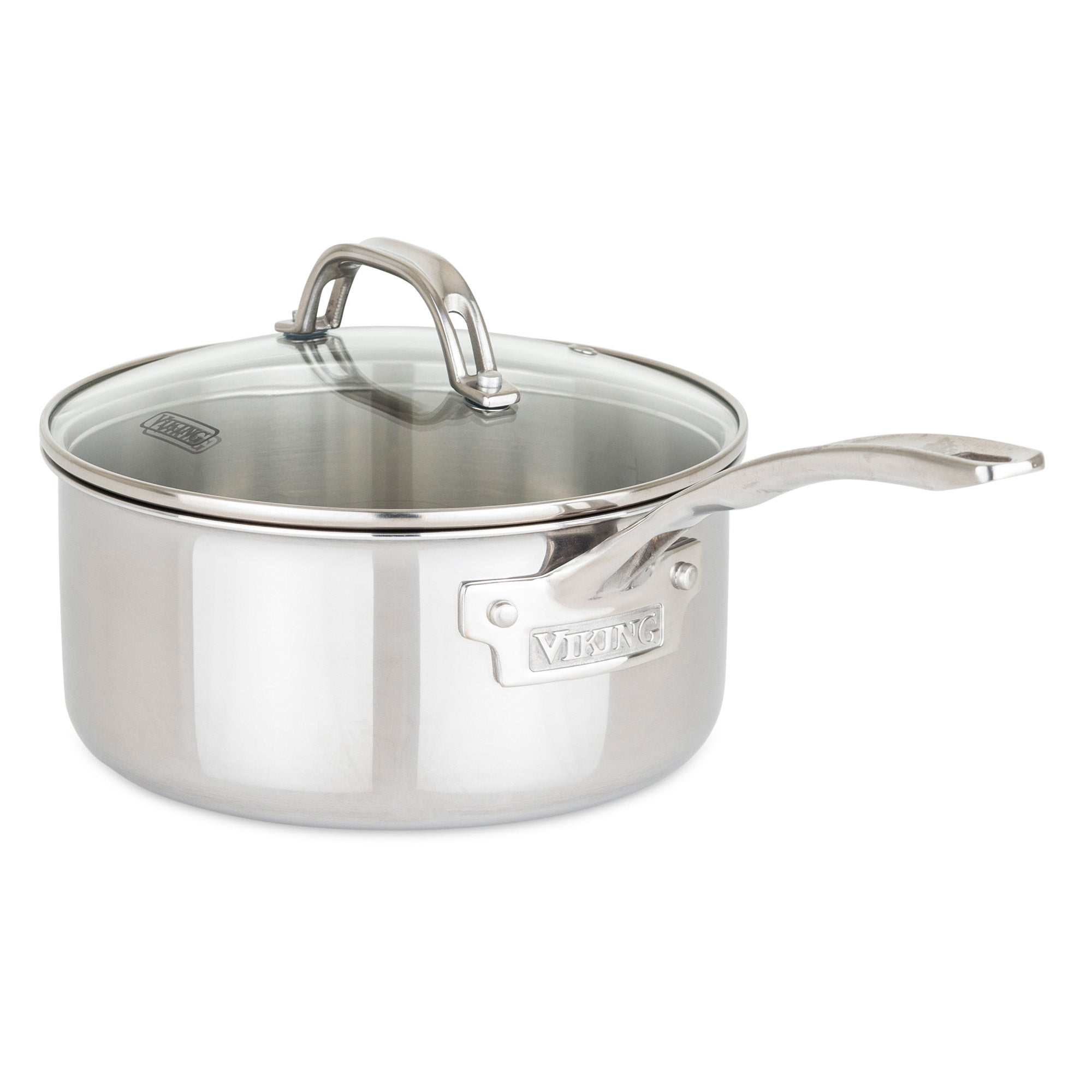 The Viking Culinary Products 3-Ply Stainless Steel 17-Piece Cookware Set with Glass Lids features long handles with Viking Stay-Cool technology, branded metal plates, and 3-ply construction for even heating.