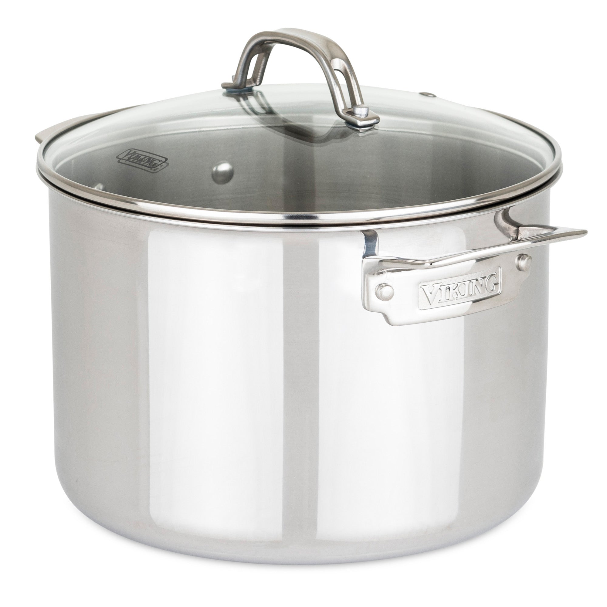 The Viking Culinary Products 3-Ply Stainless Steel 17-Piece Cookware Set features glass lids and stay-cool handles, with the brand name engraved on the side handle for added style and durability.