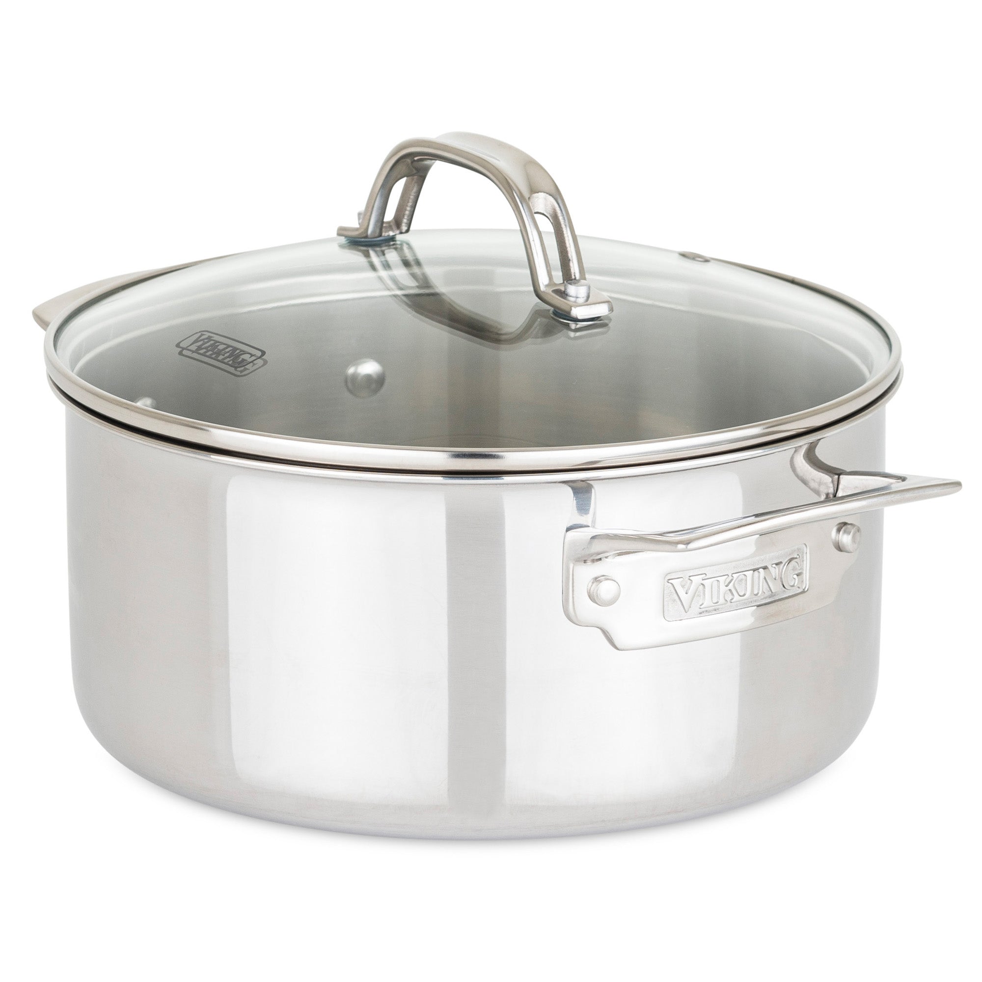 The Viking 3-Ply Stainless Steel 17-Piece Cookware Set with Glass Lids by Viking Culinary Products features sturdy Stay-Cool handles and the engraved Viking logo for style, plus glass lids with metal handles.