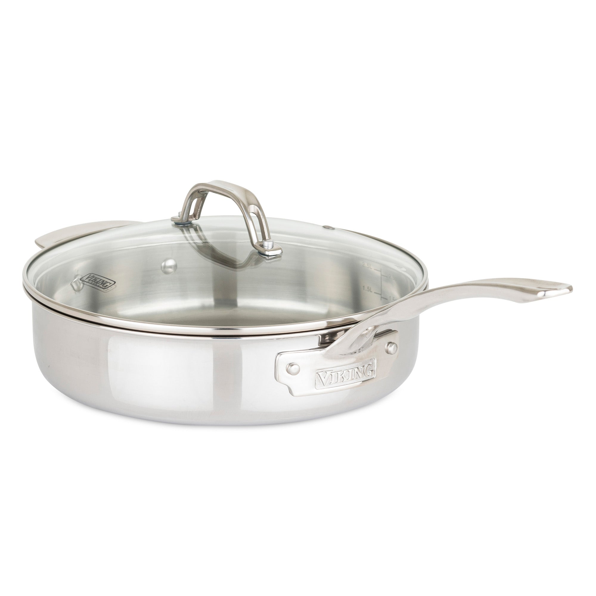 The Viking Culinary Products 3-Ply Stainless Steel Sauté Pan, part of the 17-piece cookware set, features a glass lid and Stay-Cool Handles with the Viking logo on the side, displayed against a plain white background.