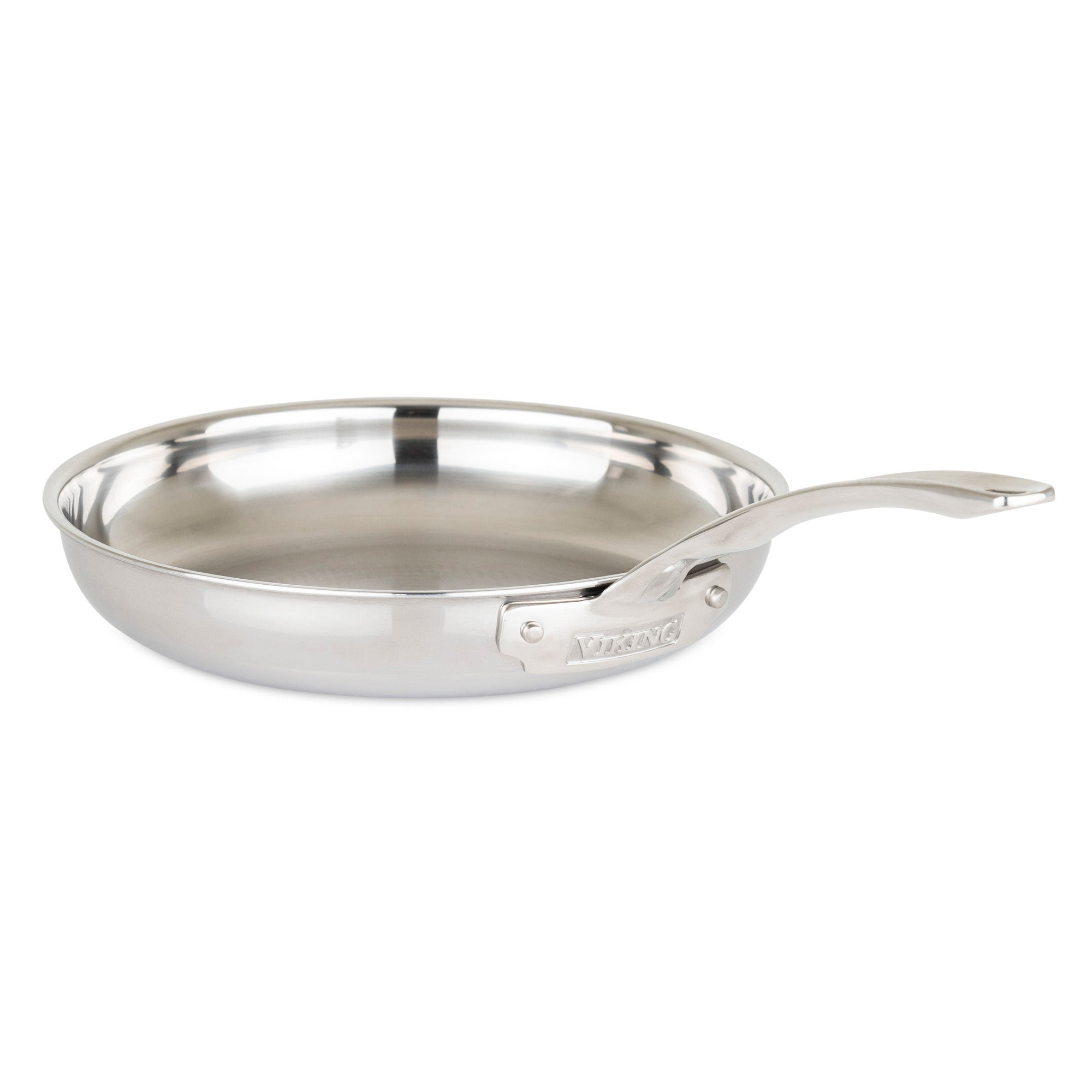 The Viking Culinary Products 3-Ply Stainless Steel 17-Piece Cookware Set with Glass Lids features a shiny finish and curved Viking Stay-Cool Handles, displayed against a plain white background.