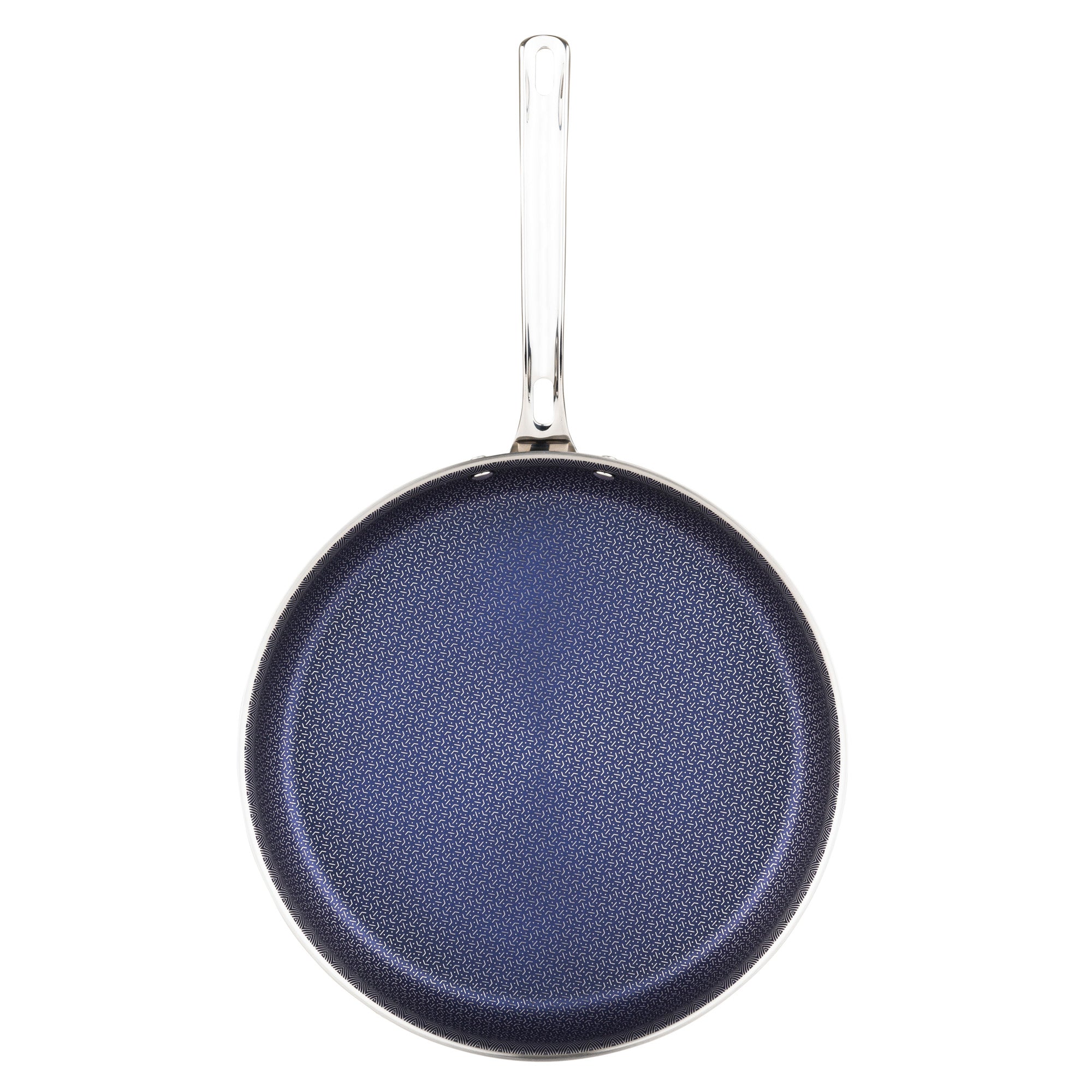 A top-down view of the Viking Culinary Products Viking 3-Ply Hybrid Plus 12-inch Nonstick Fry Pan, featuring a blue textured cooking surface, induction-compatible base, and a shiny silver handle.