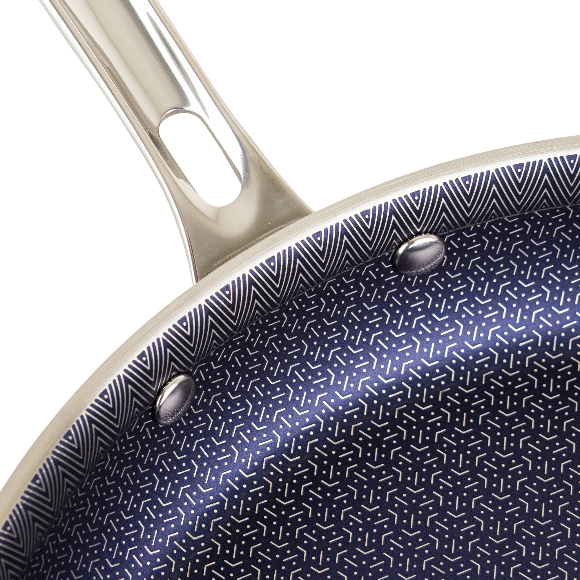 Close-up of the Viking Culinary Products Viking 3-Ply Hybrid Plus 12-inch Nonstick Fry Pan featuring a metallic handle, geometric patterned interior, and induction-compatible base.
