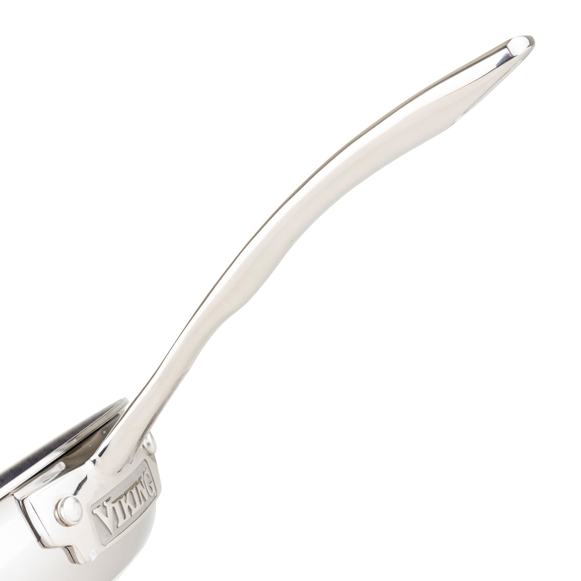 Close-up of the shiny stainless steel handle, branded with VIKING, riveted to the 3-ply body of the Viking 3-Ply Hybrid Plus 12-inch Nonstick Fry Pan by Viking Culinary Products. The handle curves upward and is induction capable.