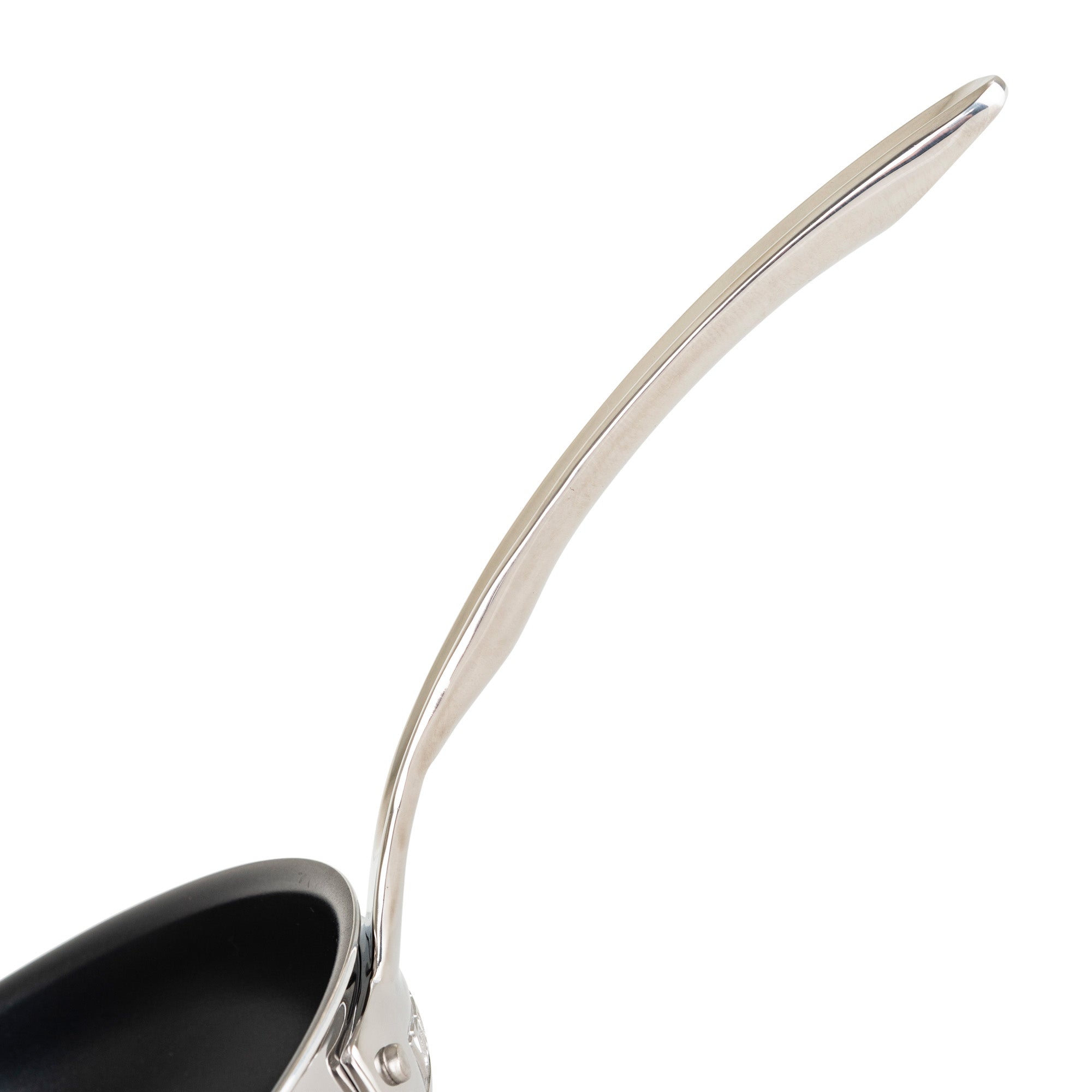 A close-up of the stainless steel handle on a Viking 3-Ply Stainless Steel 2-Piece Nonstick Fry Pan Set by Viking Culinary Products, shown against a white background.