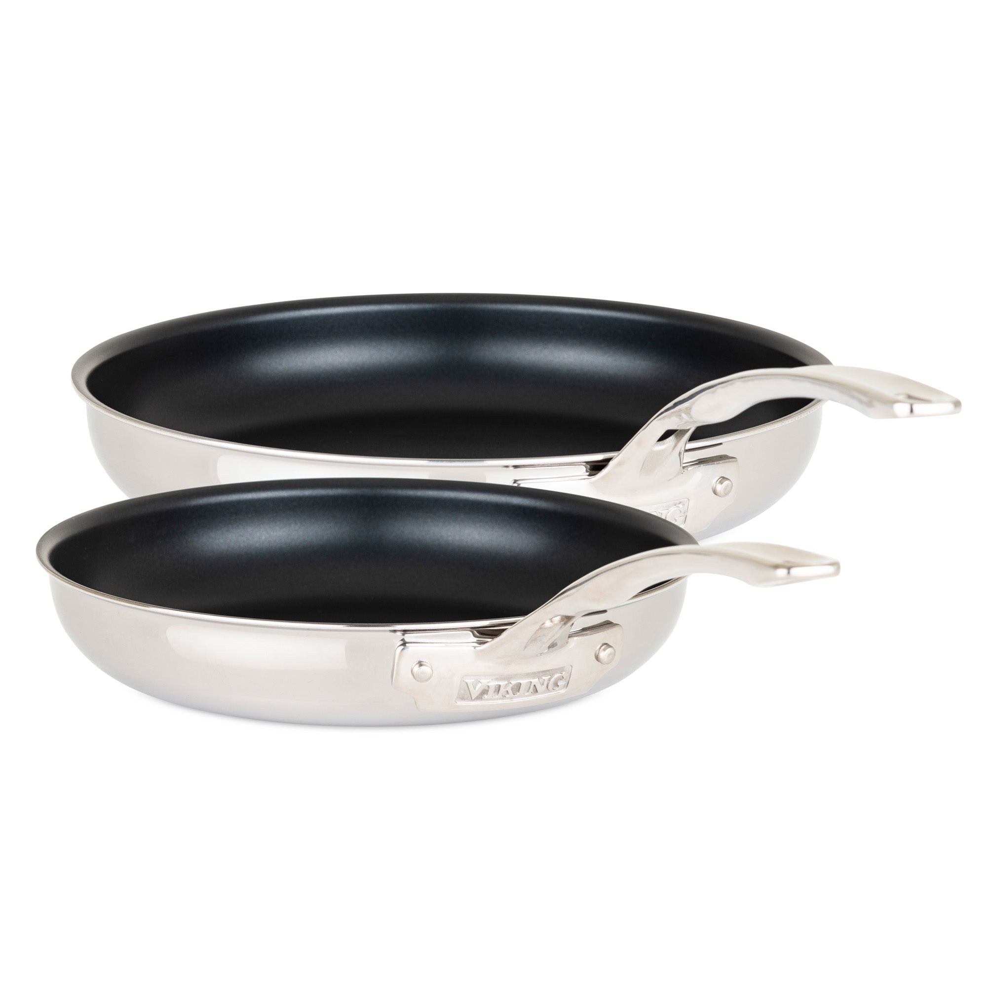 The Viking 3-Ply Stainless Steel 2-Piece Nonstick Fry Pan Set from Viking Culinary Products features two shiny pans with black nonstick interiors, stacked with handles right. They are dishwasher safe, offering durable and convenient everyday cooking.