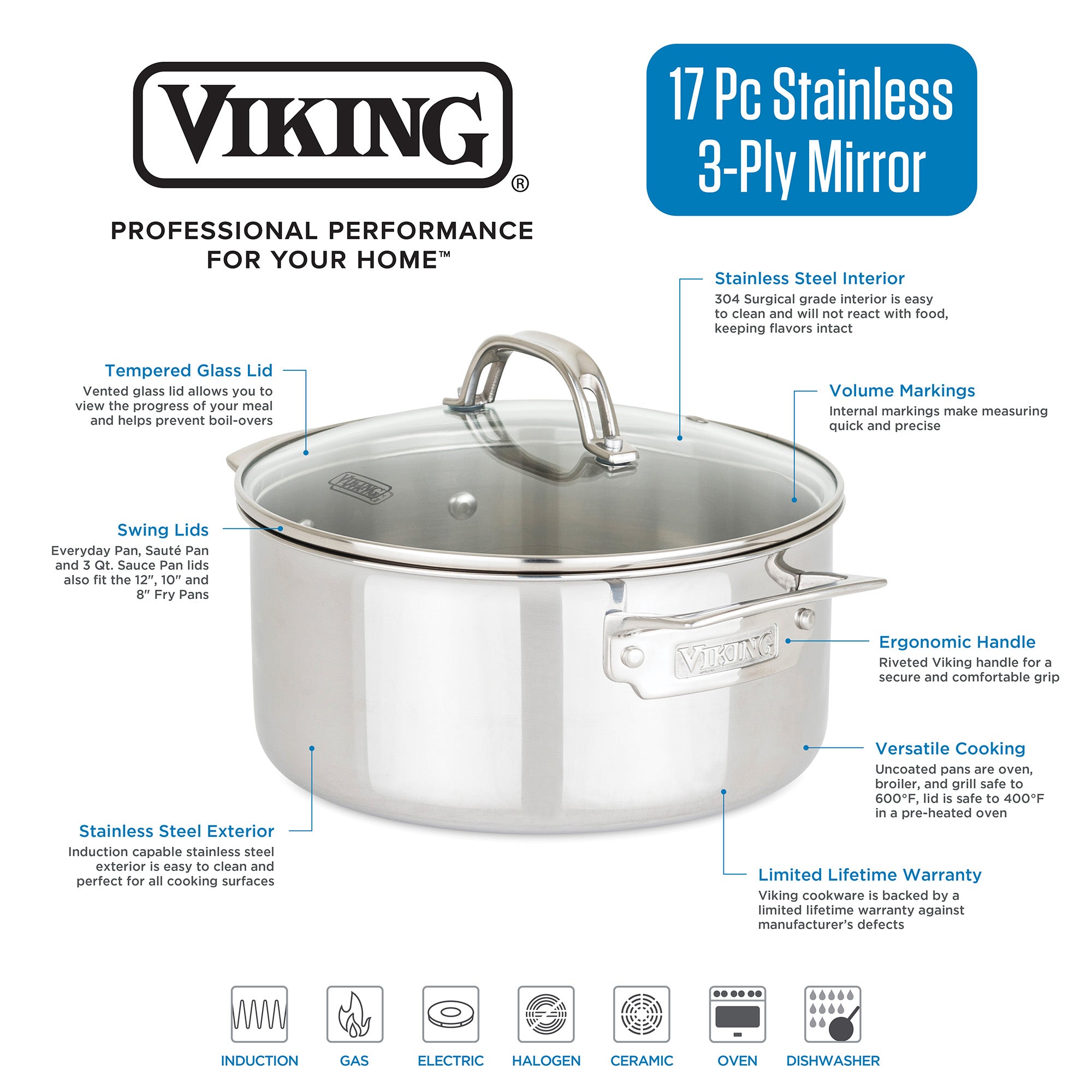 The Viking 3-Ply Stainless Steel 17-Piece Cookware Set by Viking Culinary Products features glass lids, ergonomic stay-cool handles, volume markings, and a stainless steel interior. It’s induction, gas, and oven safe for versatile cooking.