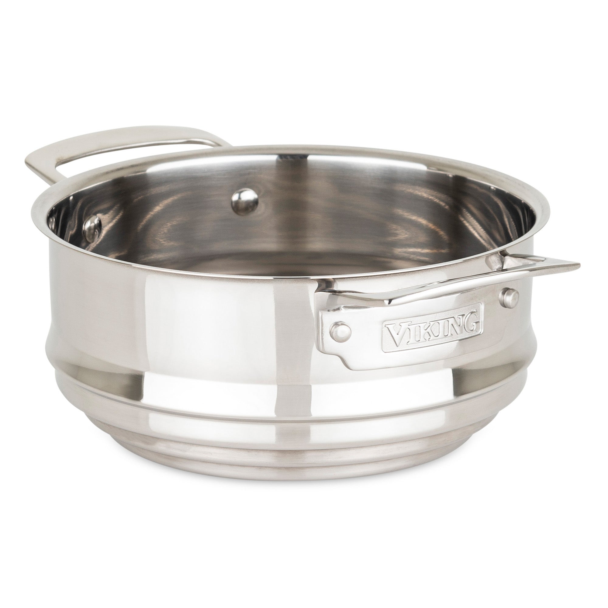 The Viking Culinary Products 3-Ply Stainless Steel 17-Piece Cookware Set with Glass Lids features durable construction, Stay-Cool handles, dual side handles, and “Viking” engraved on a metal plate, photographed on a plain white background.