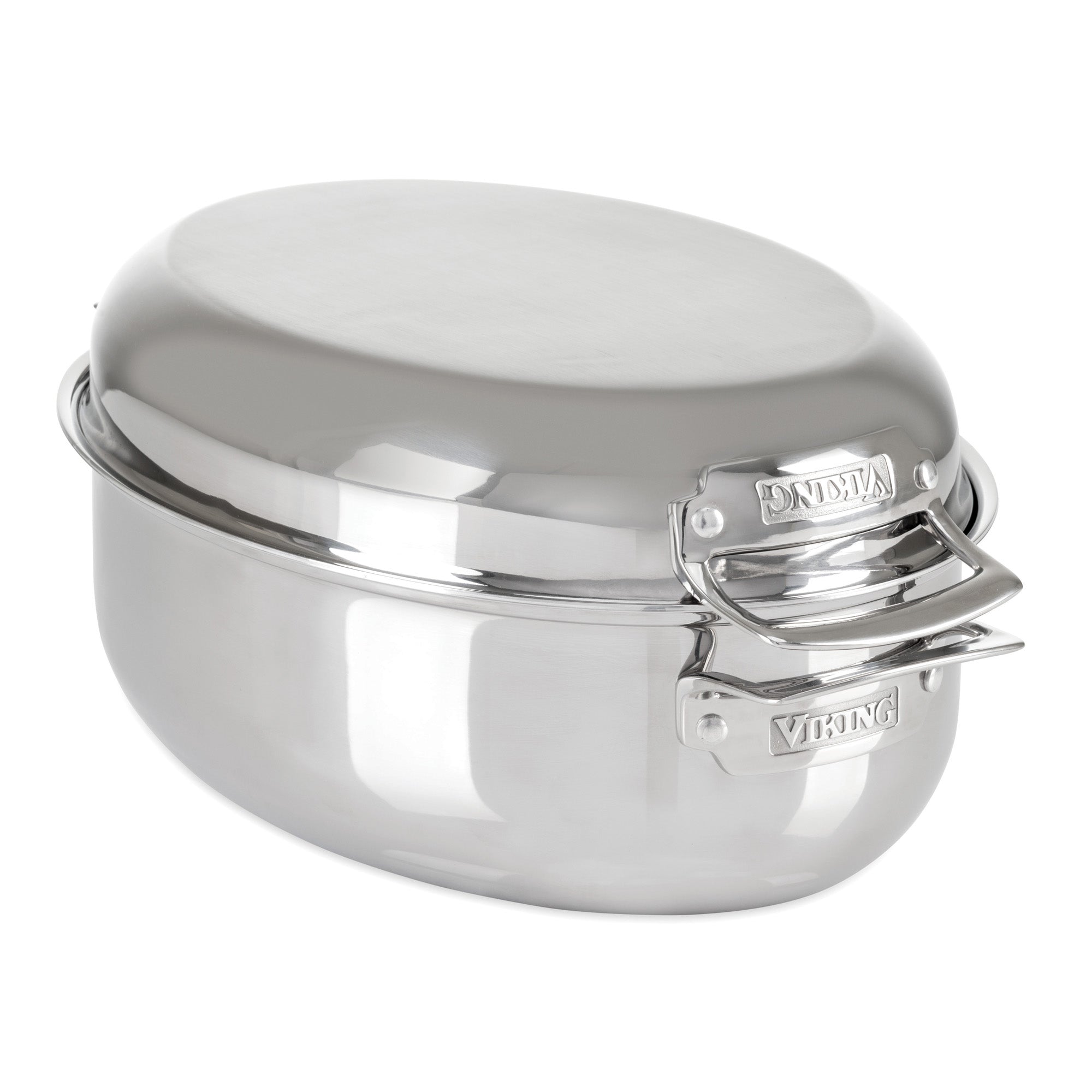 The Viking Culinary Products 3-Ply 8.5-Quart 3-in-1 Oval Roaster with Rack features sturdy, engraved handles, a domed lid, and induction compatibility for even heatâ€”perfect for roasting.