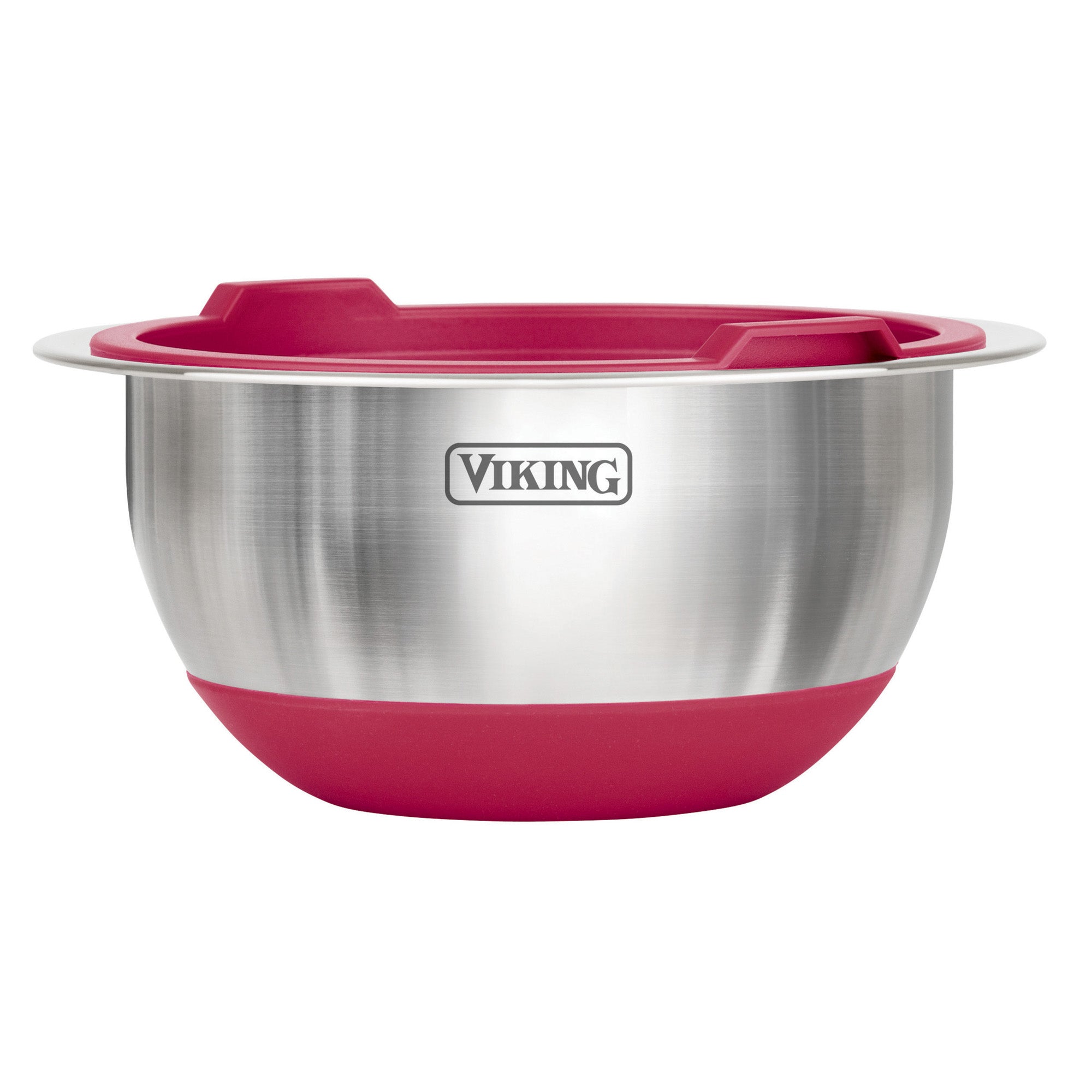 The Viking 10-Piece Stainless Steel Mixing Bowl Set with Lids by Viking Culinary Products features red silicone bases and rims for compact storage, shown against a plain white background.
