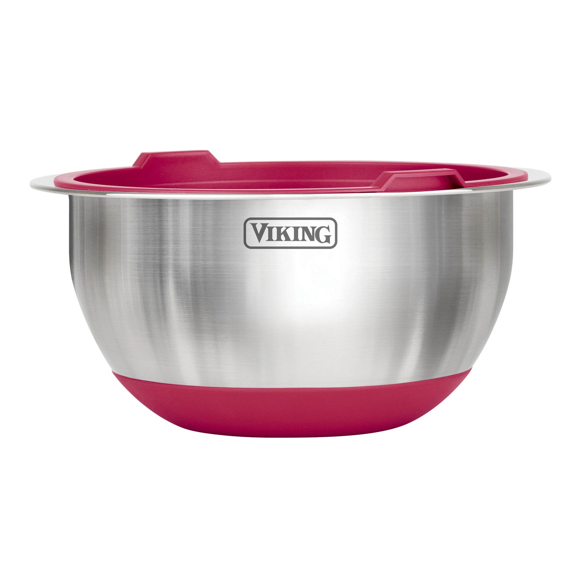 The Viking 10-Piece Stainless Steel Mixing Bowl Set with Lids from Viking Culinary Products features red non-slip bases and rims, designed for compact storage, shown on a white background.