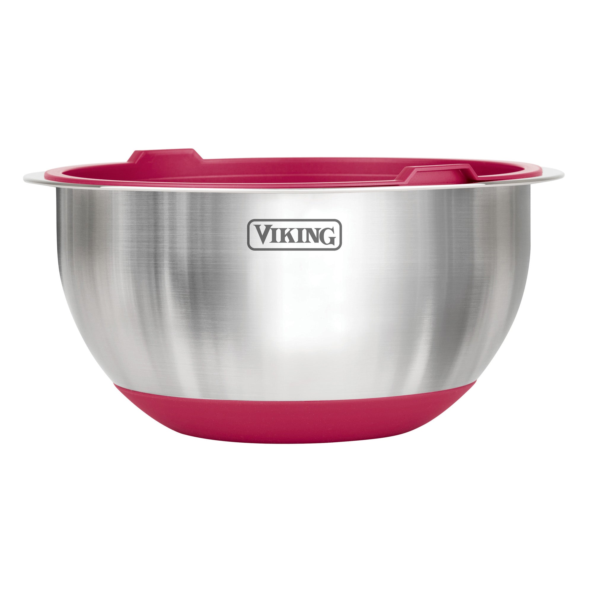 The Viking Culinary Products 10-piece stainless steel mixing bowl set with lids in red features the Viking logo, compact storage, brushed metal finish, and is shown on a white background.
