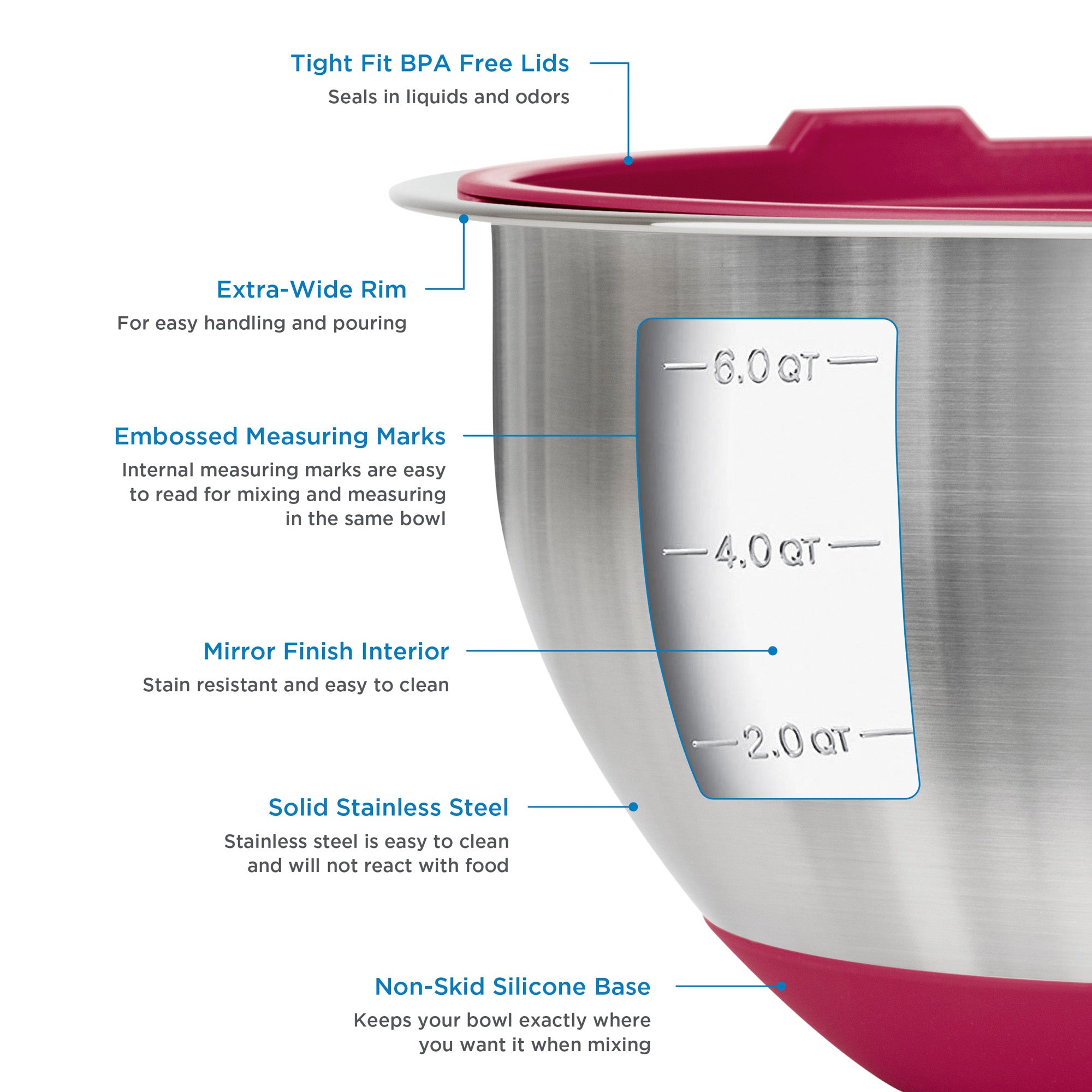 The Viking 10-Piece Stainless Steel Mixing Bowl Set with Lids from Viking Culinary Products features BPA-free covers, a compact storage design, extra-wide rims, embossed measuring marks, mirror finish interiors, and non-skid silicone bases.