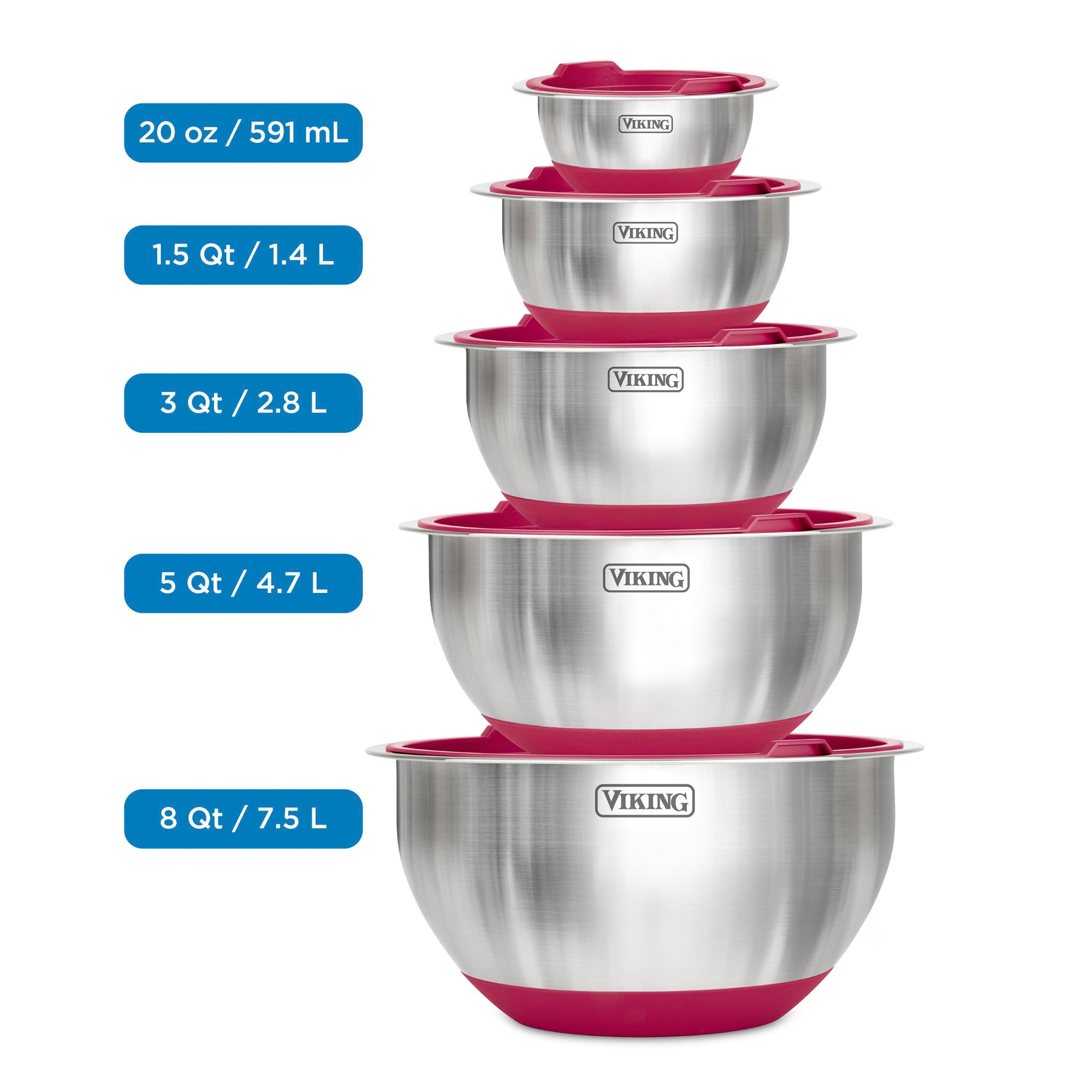 The Viking 10-Piece Stainless Steel Mixing Bowl Set with Lids features five red bowls from 8 qt/7.5 L to 20 oz/591 mL, each labeled by capacity, with silicone bases for stability and airtight lids. From Viking Culinary Products.