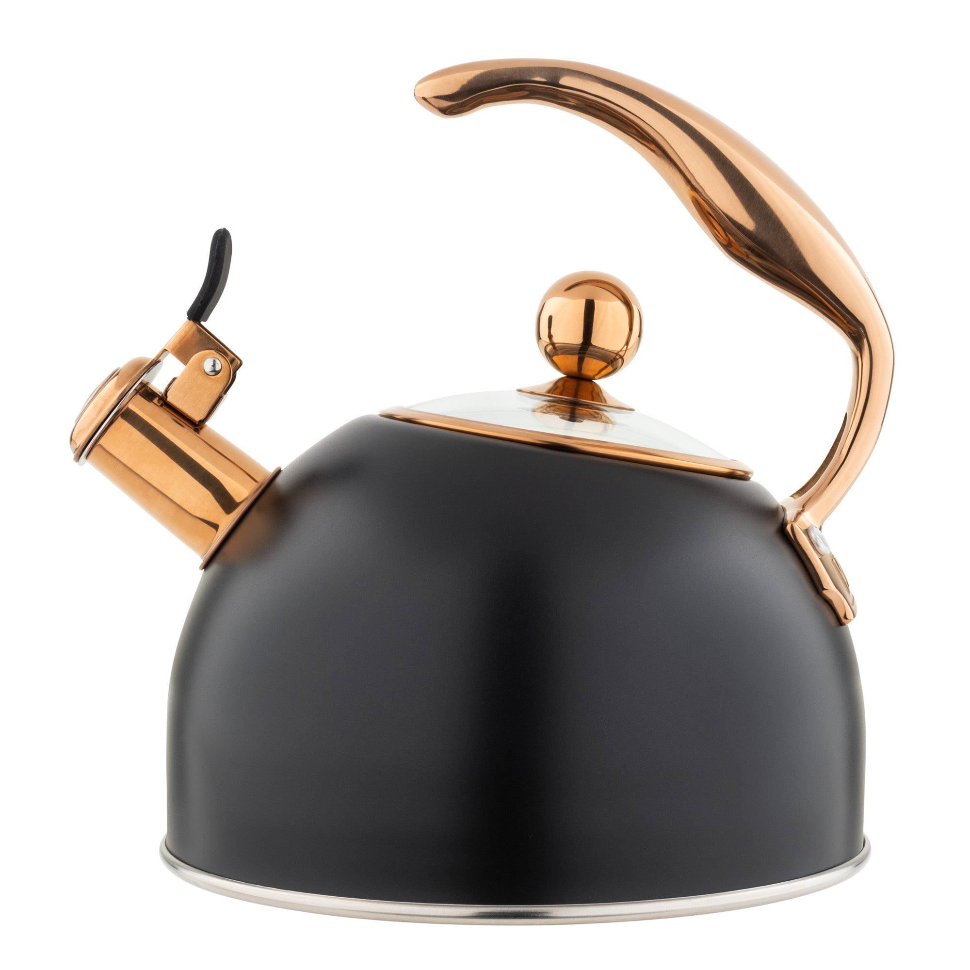 The Viking 2.6-Quart Matte Black and Copper Stainless Steel Whistling Kettle by Viking Culinary Products features a matte black body, copper accents, 3-ply base, one-touch whistle, and induction stovetop compatibility, set against a plain white background.