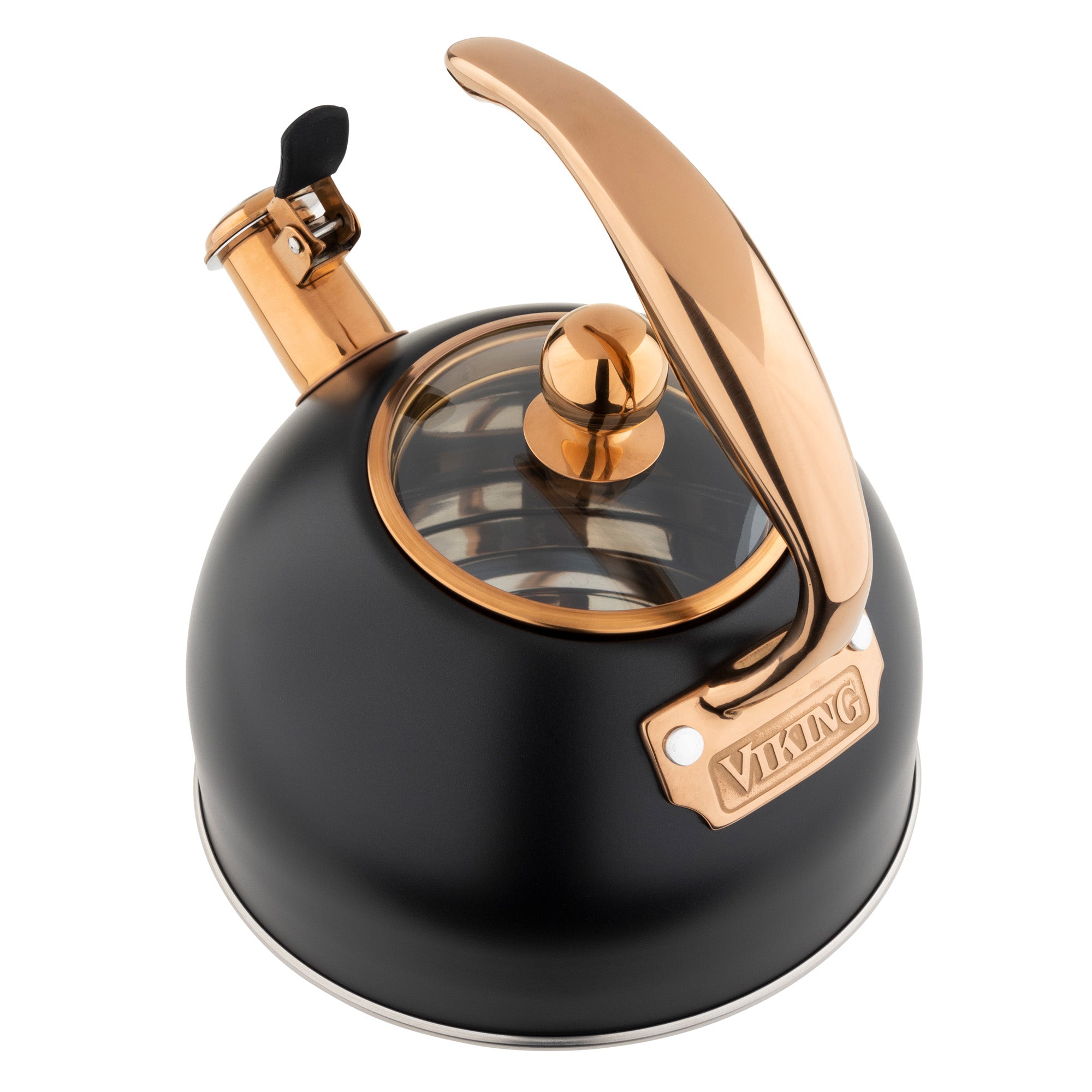 The Viking 2.6-Quart Matte Black and Copper Whistling Kettle by Viking Culinary Products features a stainless steel body, shiny curved handle, glass lid, spout lever, one-touch whistle, and is induction stovetop compatible with a 3-ply base.