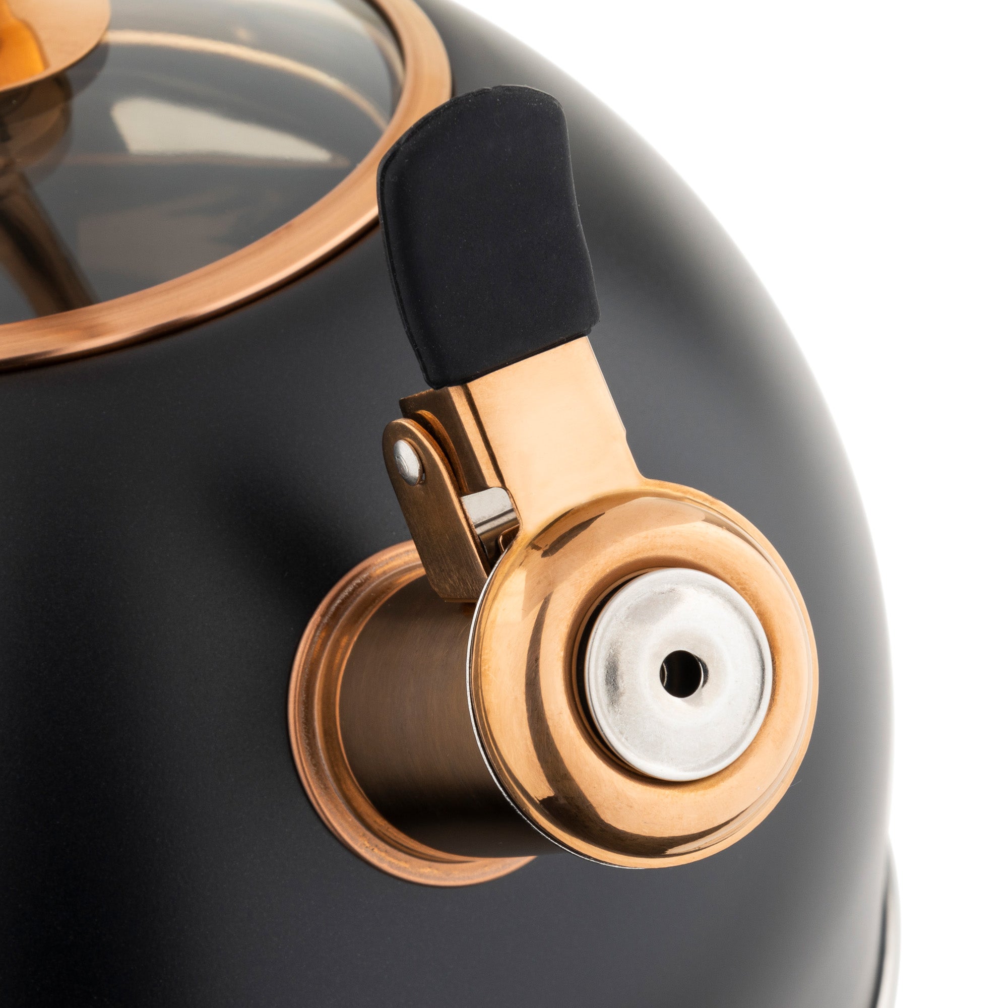 Close-up of the Viking 2.6-Quart Matte Black and Copper Stainless Steel Whistling Kettle’s spout with black lever, highlighting its modern design, shiny finish, one-touch whistle feature, and induction stovetop compatibility.