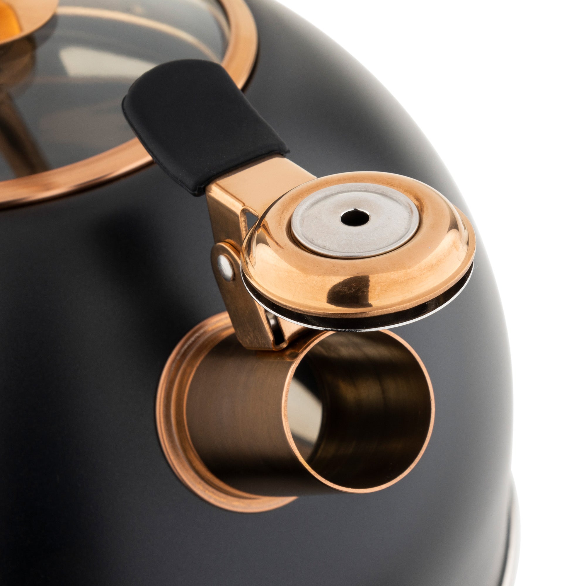 Close-up of the Viking 2.6-Quart Matte Black and Copper Stainless Steel Whistling Kettle by Viking Culinary Products, featuring a black handle, round silver and copper lid, induction-ready 3-ply base, set against a white background.
