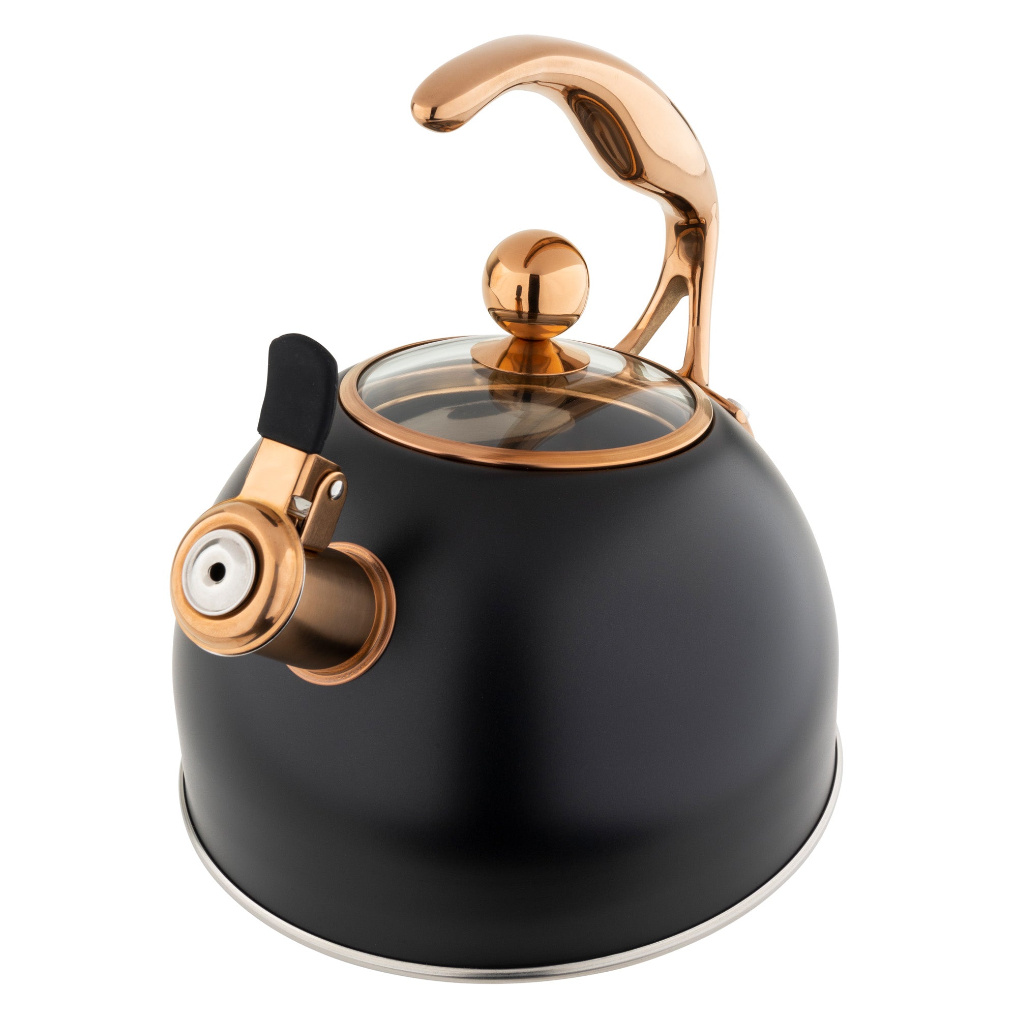 The Viking 2.6-Quart Matte Black and Copper Stainless Steel Whistling Kettle by Viking Culinary Products features a 3-ply base, modern design, glass lid with copper knob, one-touch whistle spout, and is induction compatible.