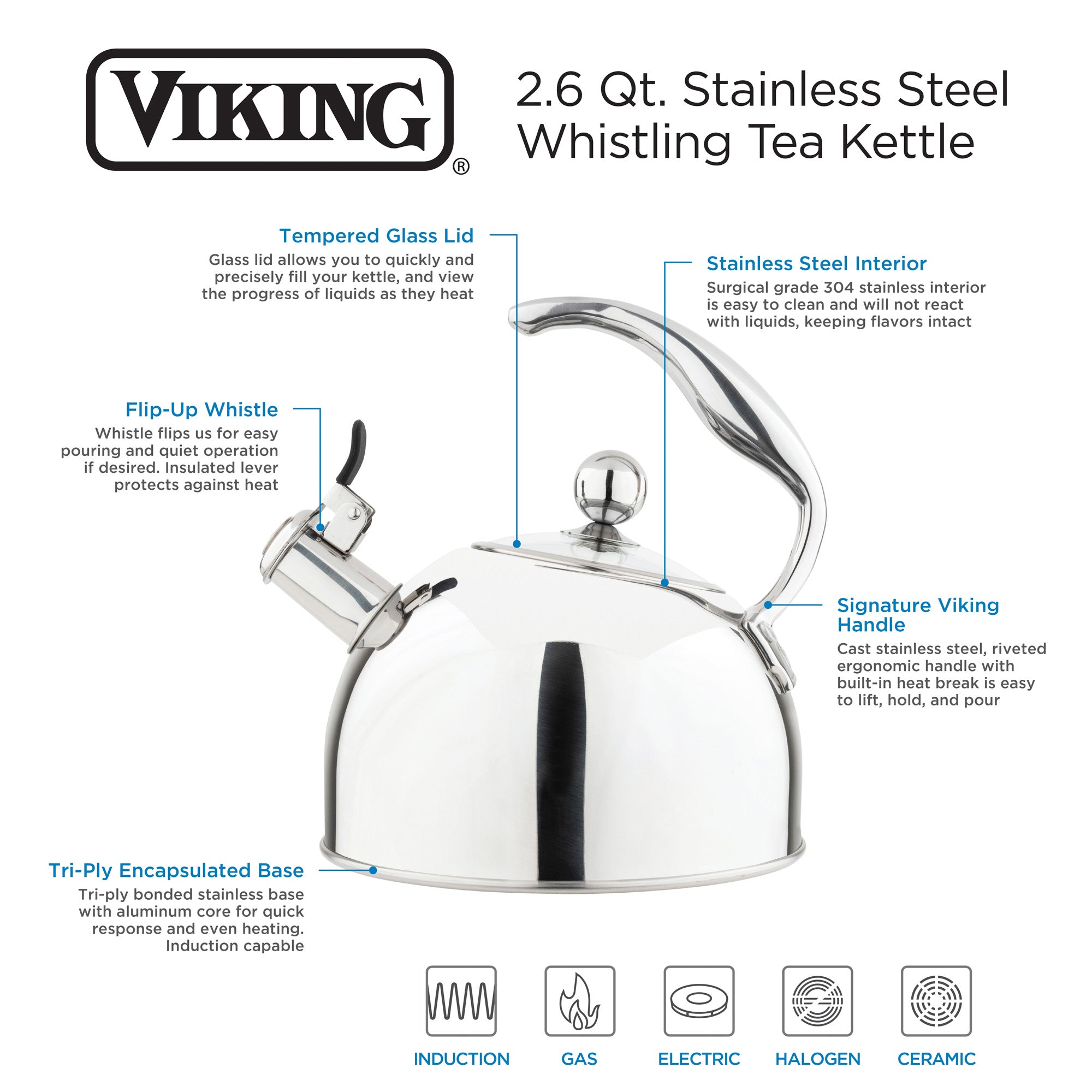 The Viking 2.6-Quart Mirrored Stainless Steel Whistling Kettle by Viking Culinary Products features a curved handle and spout, one-touch whistle, tempered glass lid, stainless interior, 3-ply base, and is induction compatible.
