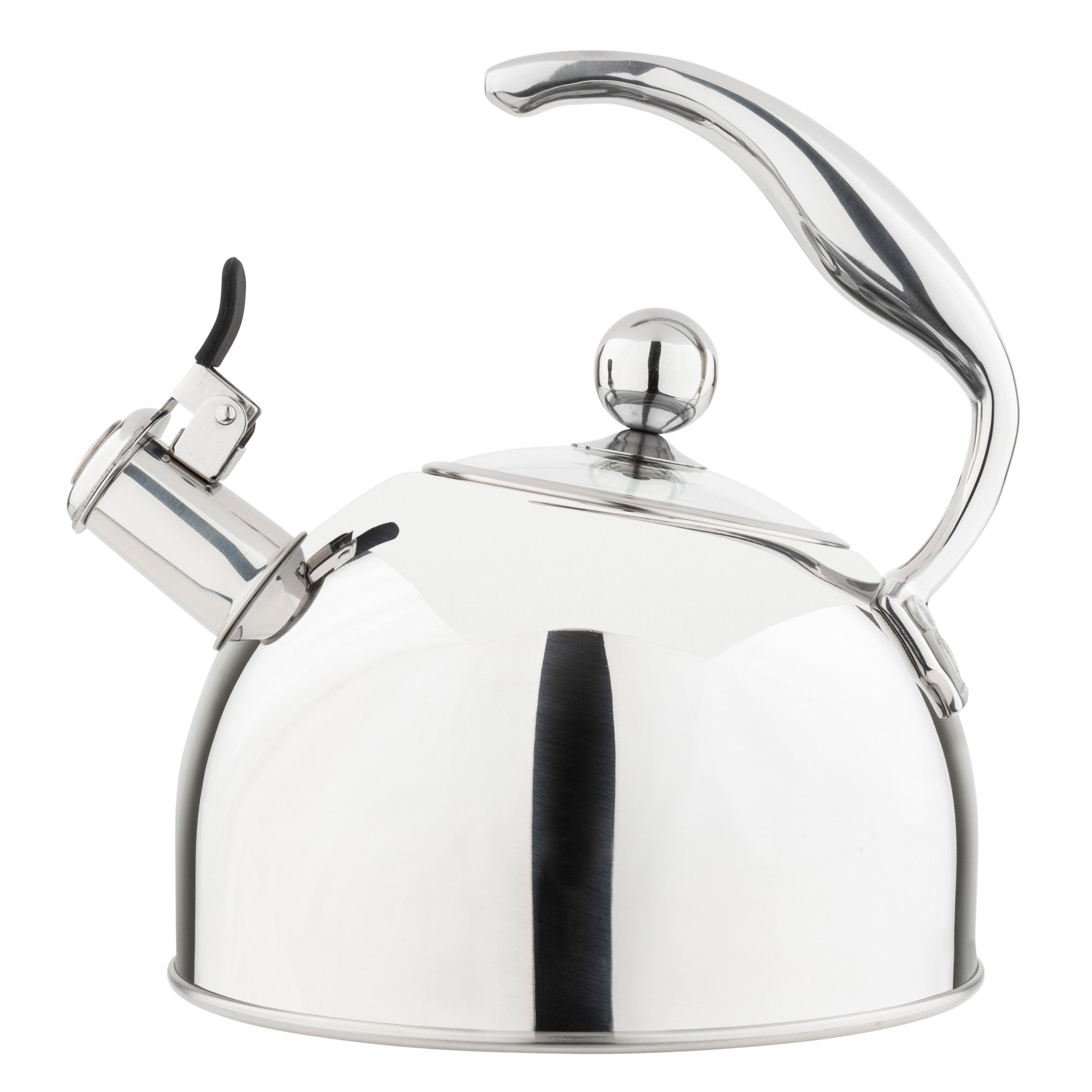 The Viking 2.6-Quart Mirrored Stainless Steel Whistling Kettle from Viking Culinary Products features a curved handle and black lever on the spout, all set against a plain white background.