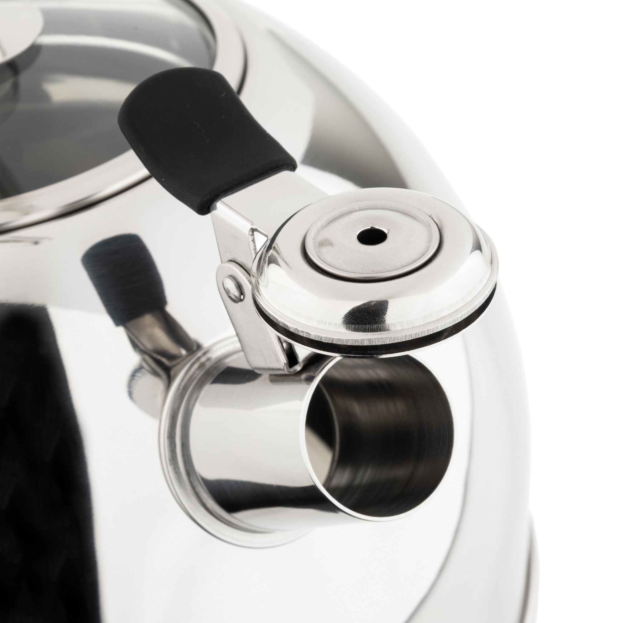 Close-up of the Viking 2.6-Quart Mirrored Stainless Steel Whistling Kettle by Viking Culinary Products, featuring a shiny spout and open black-handled lid. Its reflective surface and 3-ply base are ideal for induction stoves.