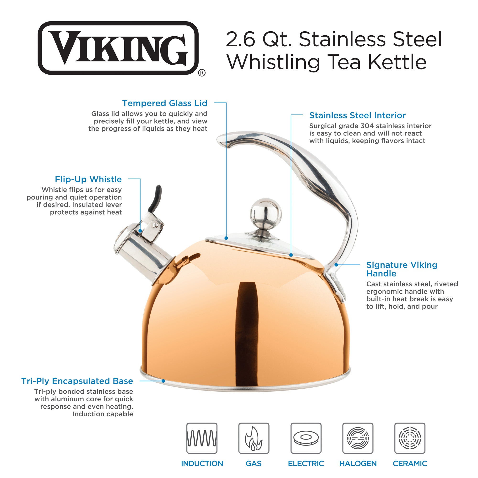 Viking 2.6-Quart Rose Gold Stainless Steel Whistling Kettle with 3-Ply Base