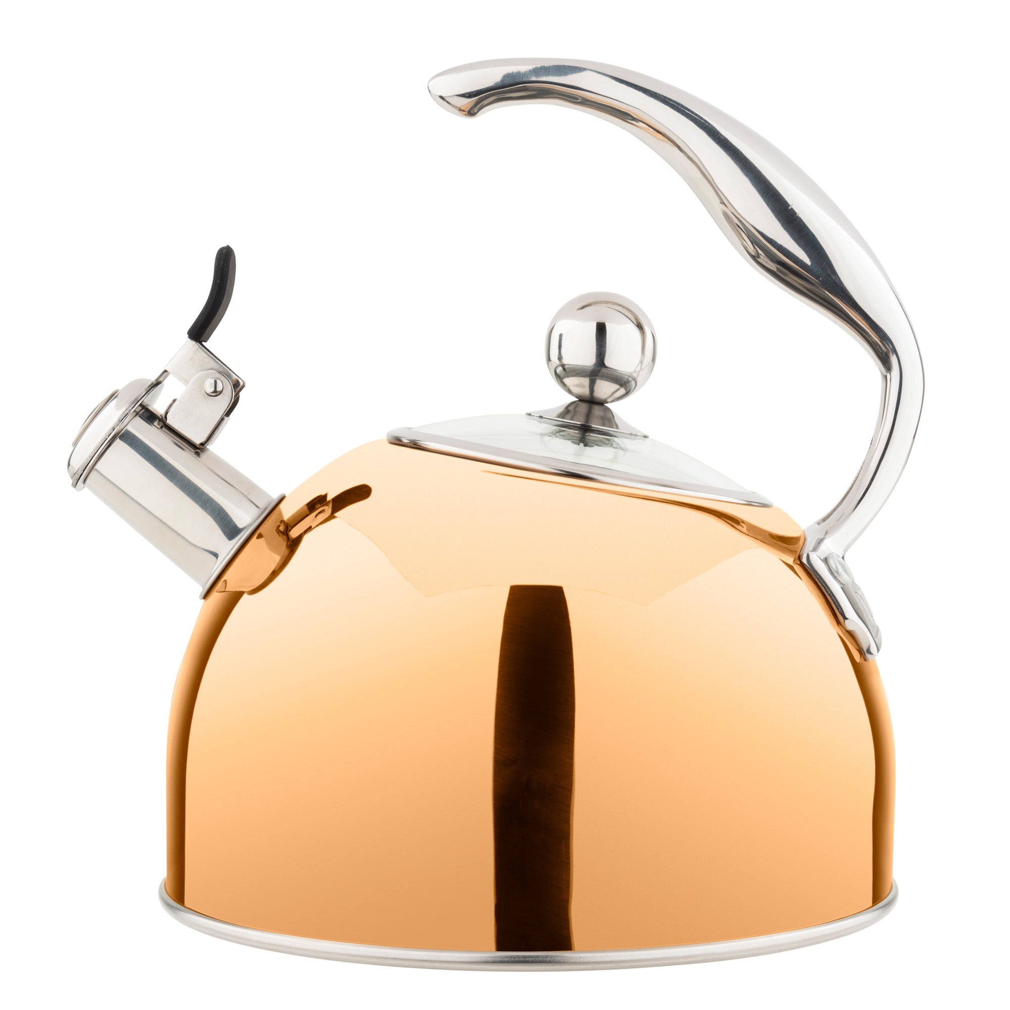 The Viking 2.6-Quart Rose Gold Stainless Steel Whistling Kettle by Viking Culinary Products features a shiny silver handle, spout, and lid with a lever for opening the lid and an induction-compatible 3-ply base, shown against a white background.
