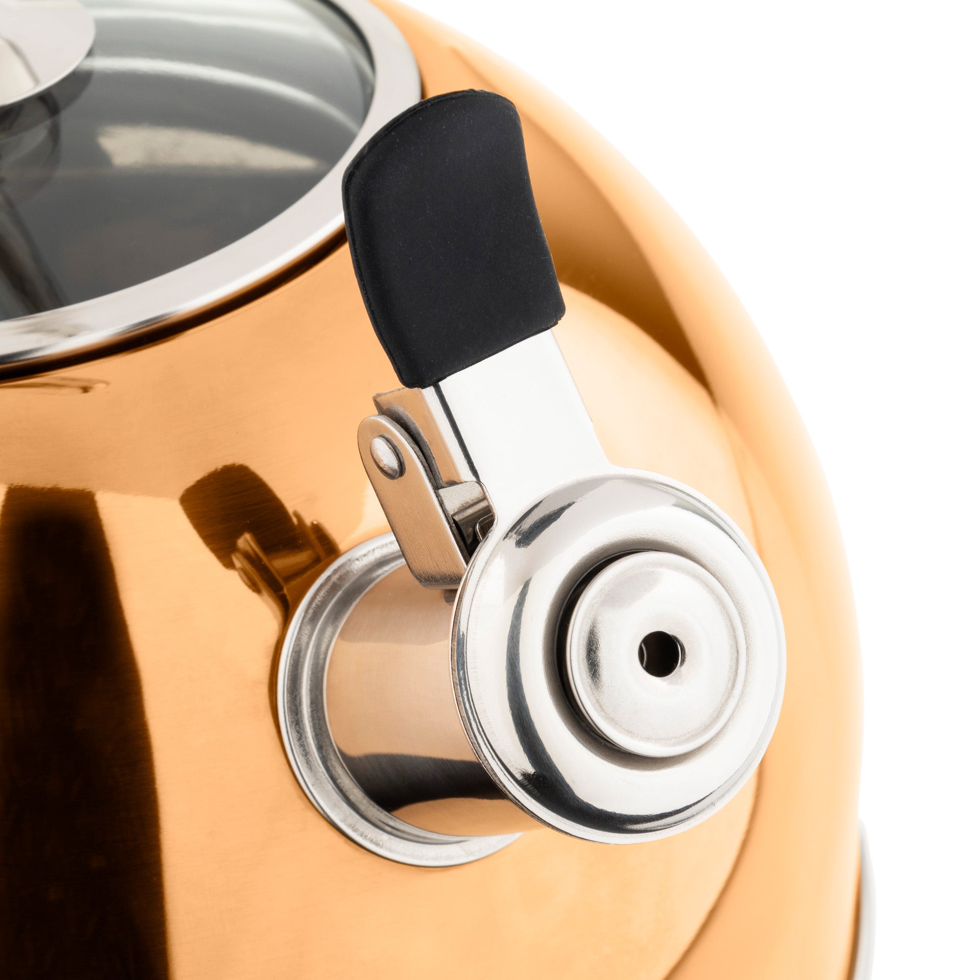 Close-up of the Viking 2.6-Quart Rose Gold Stainless Steel Whistling Kettle by Viking Culinary Products, featuring a shiny copper finish, black spout handle, induction compatibility, and whistle alerts.
