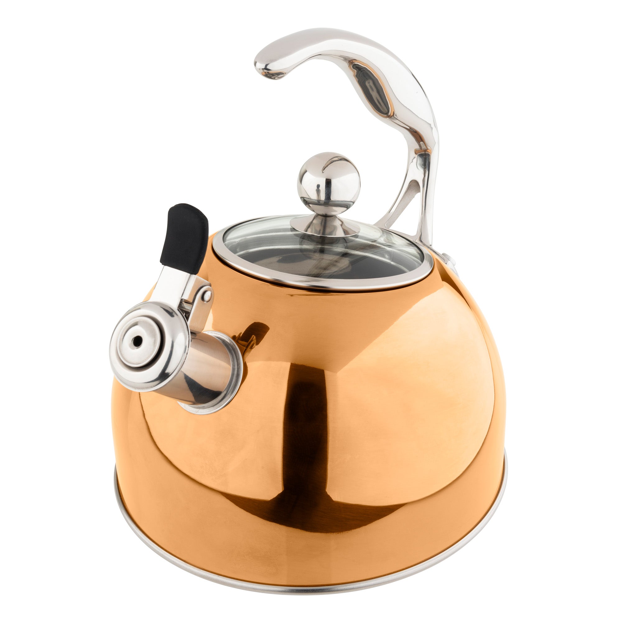 The Viking 2.6-Quart Rose Gold Stainless Steel Whistling Kettle by Viking Culinary Products features a glass lid with metal knob, black and silver spout lever, curved silver handle, 3-ply base, induction compatibility, and whistle alerts.