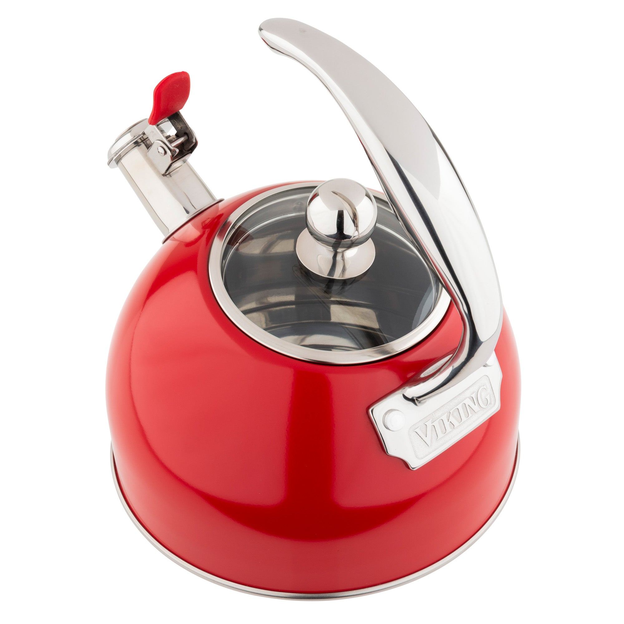 The Viking 2.6-Quart Red Stainless Steel Whistling Kettle by Viking Culinary Products features a silver handle and spout cap, shown from above on a white background. Its 3-ply base ensures induction stovetop compatibility for added style and practicality.