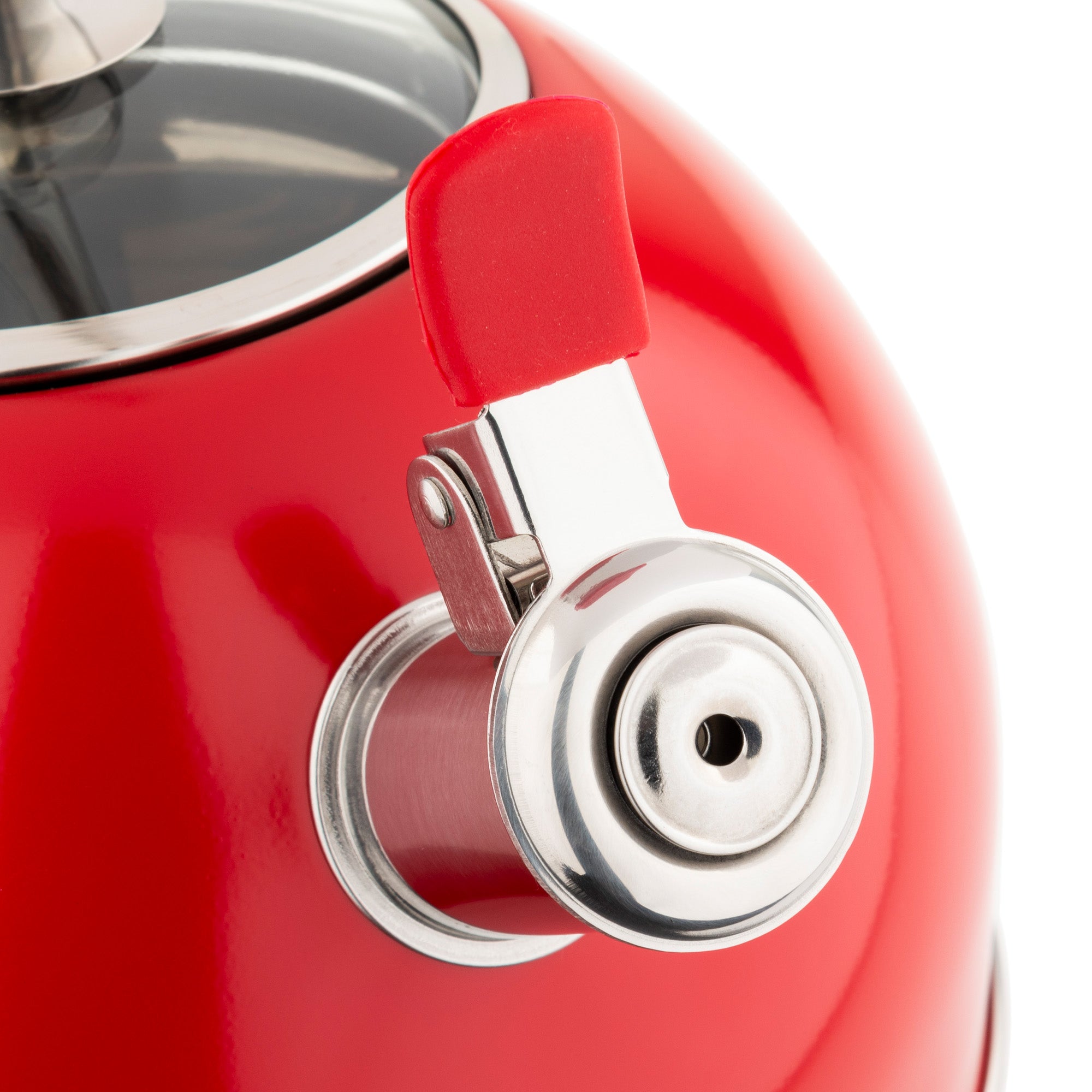 Close-up of the Viking 2.6-Quart Red Stainless Steel Whistling Kettle spout, featuring a stainless steel tip and red silicone lever. Glass lid and 3-ply base show its induction stovetop compatibility. By Viking Culinary Products.
