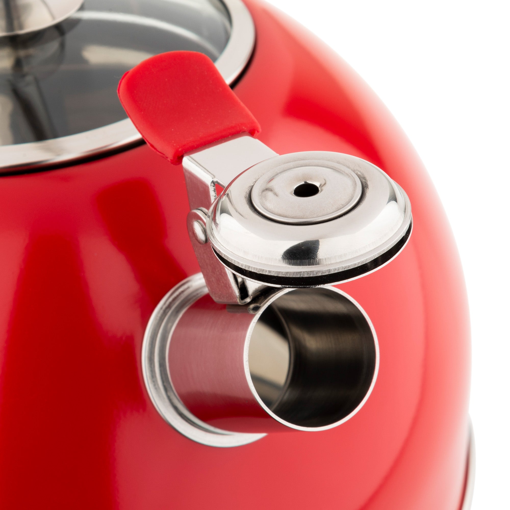 Close-up of the Viking 2.6-Quart Red Stainless Steel Whistling Kettle by Viking Culinary Products, featuring a silver lid and red lever, reflective surface, and induction-ready 3-ply base.