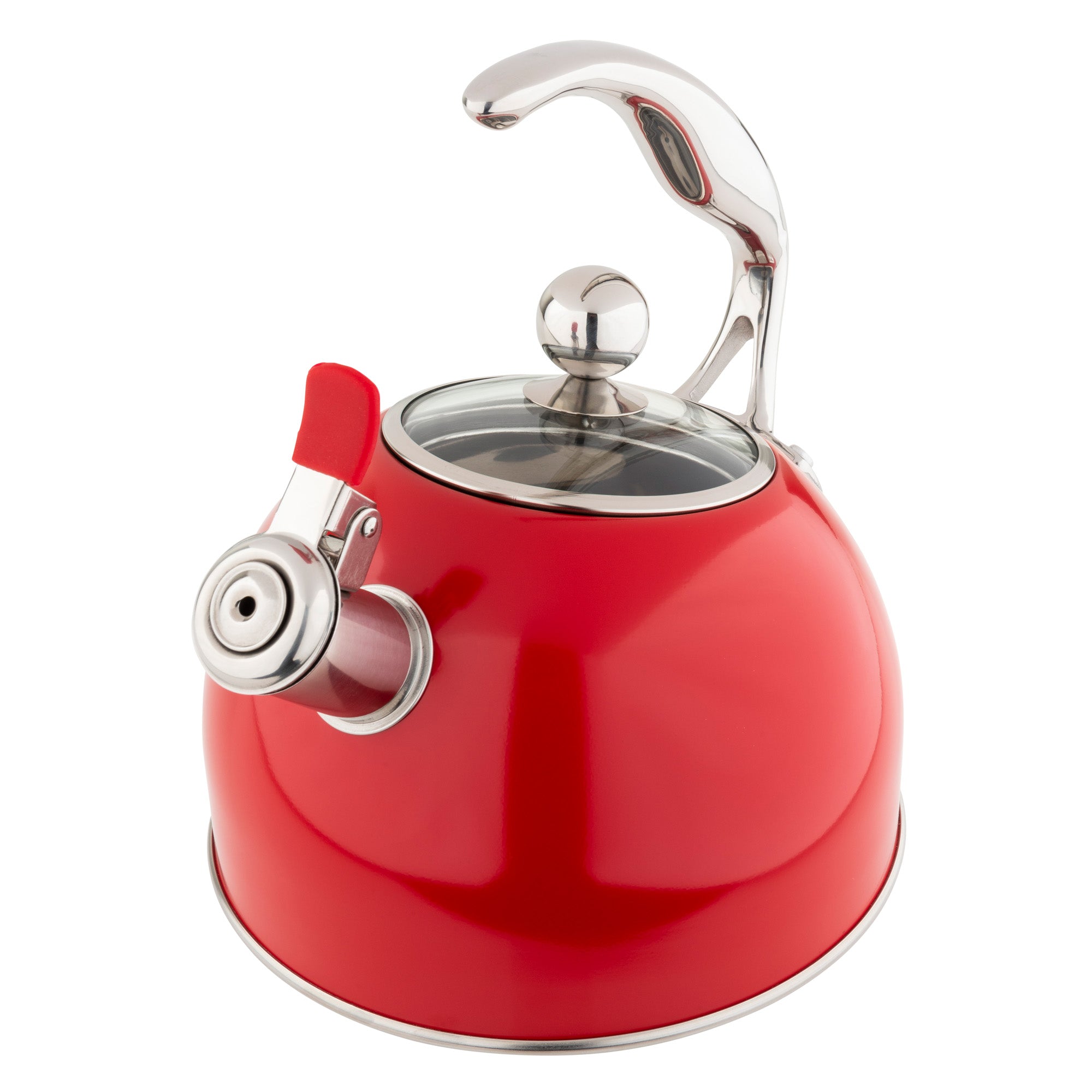 The Viking 2.6-Quart Red Stainless Steel Whistling Kettle by Viking Culinary Products features a curved metallic handle, clear lid, red lever spout with whistle alert, and 3-ply base compatible with induction stovetops. Set on a white background.