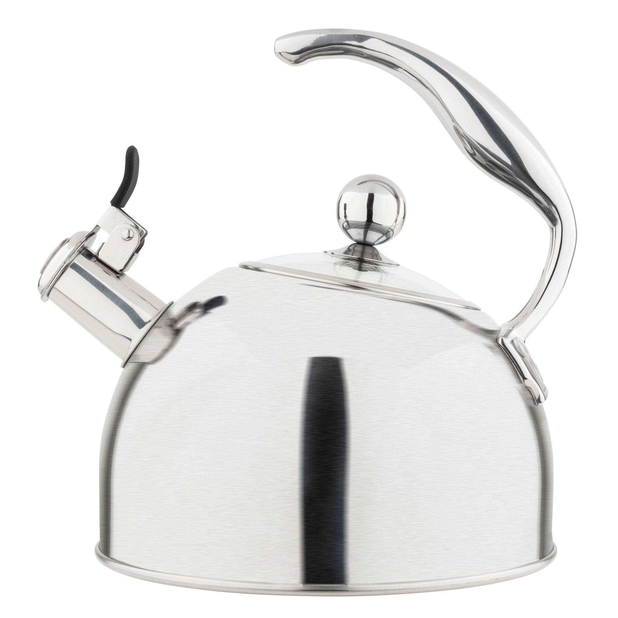 The Viking 2.6-Quart Satin Finish Stainless Steel Whistling Kettle by Viking Culinary Products features a curved handle, black lever spout, and 3-ply base; its ideal for use on any induction stovetop and is shown against a white background.