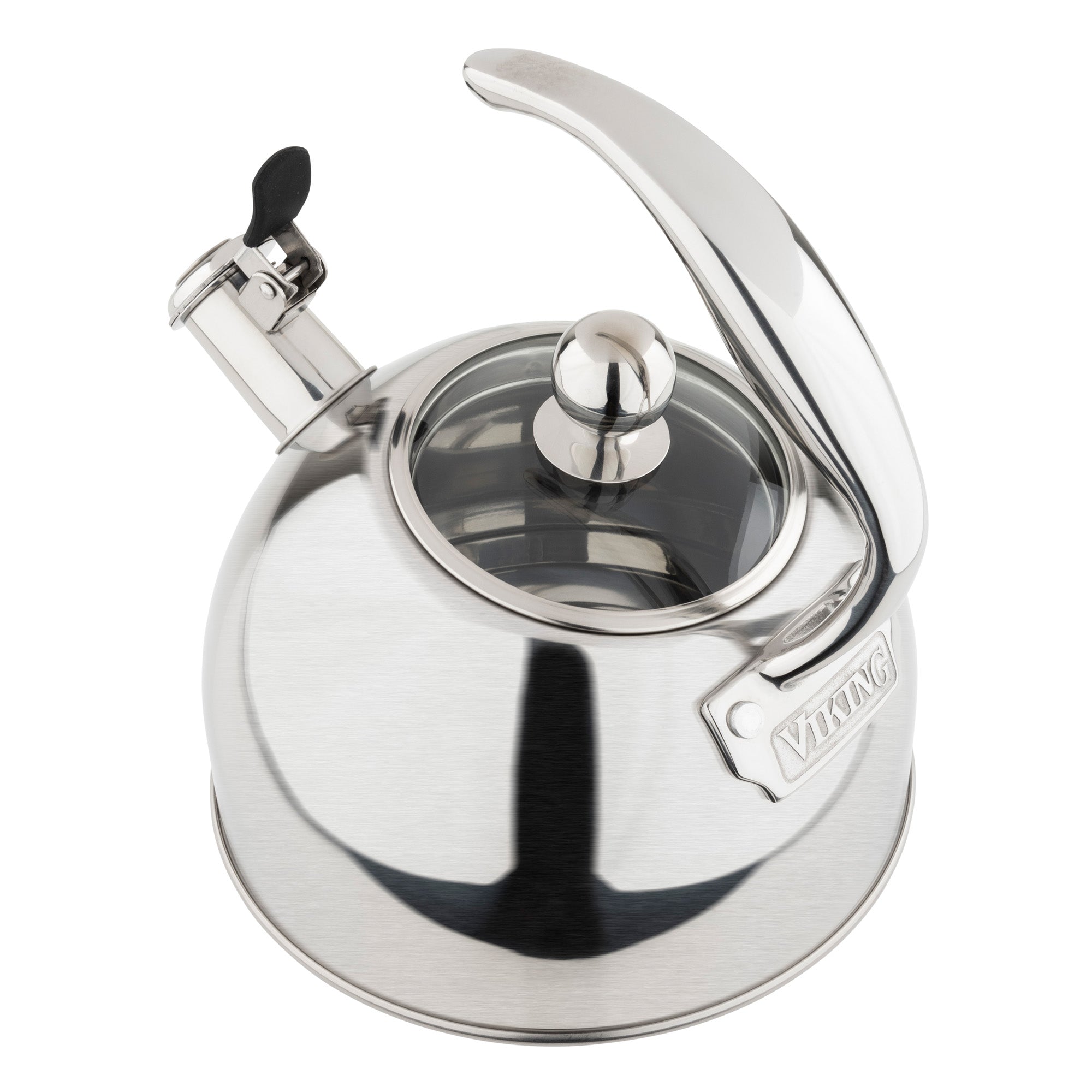 The Viking 2.6-Quart Satin Finish Stainless Steel Whistling Kettle by Viking Culinary Products features a curved handle, glass lid with knob, spout cover, and induction-compatible 3-ply base with the brand tag on its side.