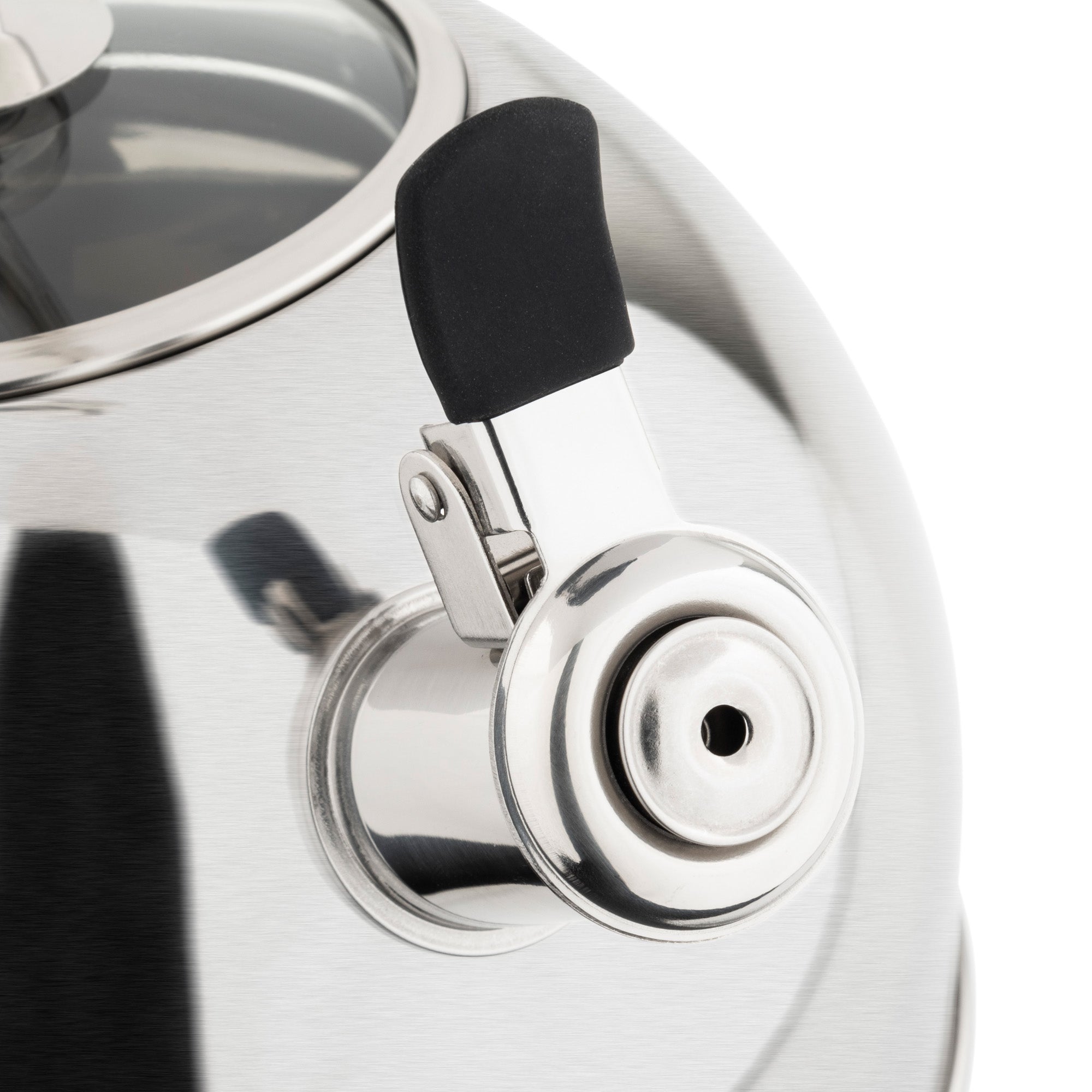 Close-up of the Viking 2.6-Quart Satin Finish Stainless Steel Whistling Kettle’s spout and black handle cover, showing its reflective surface. Part of the Viking Culinary Products kettle’s lid and body is also visible.