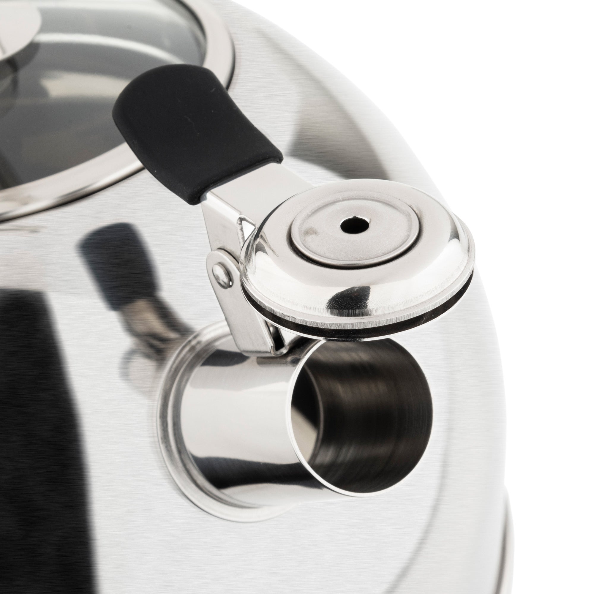 Close-up of the Viking 2.6-Quart Satin Finish Stainless Steel Whistling Kettle by Viking Culinary Products, featuring an open spout and black handle. Its shiny 3-ply base and smooth surface highlight its modern, induction-compatible design.